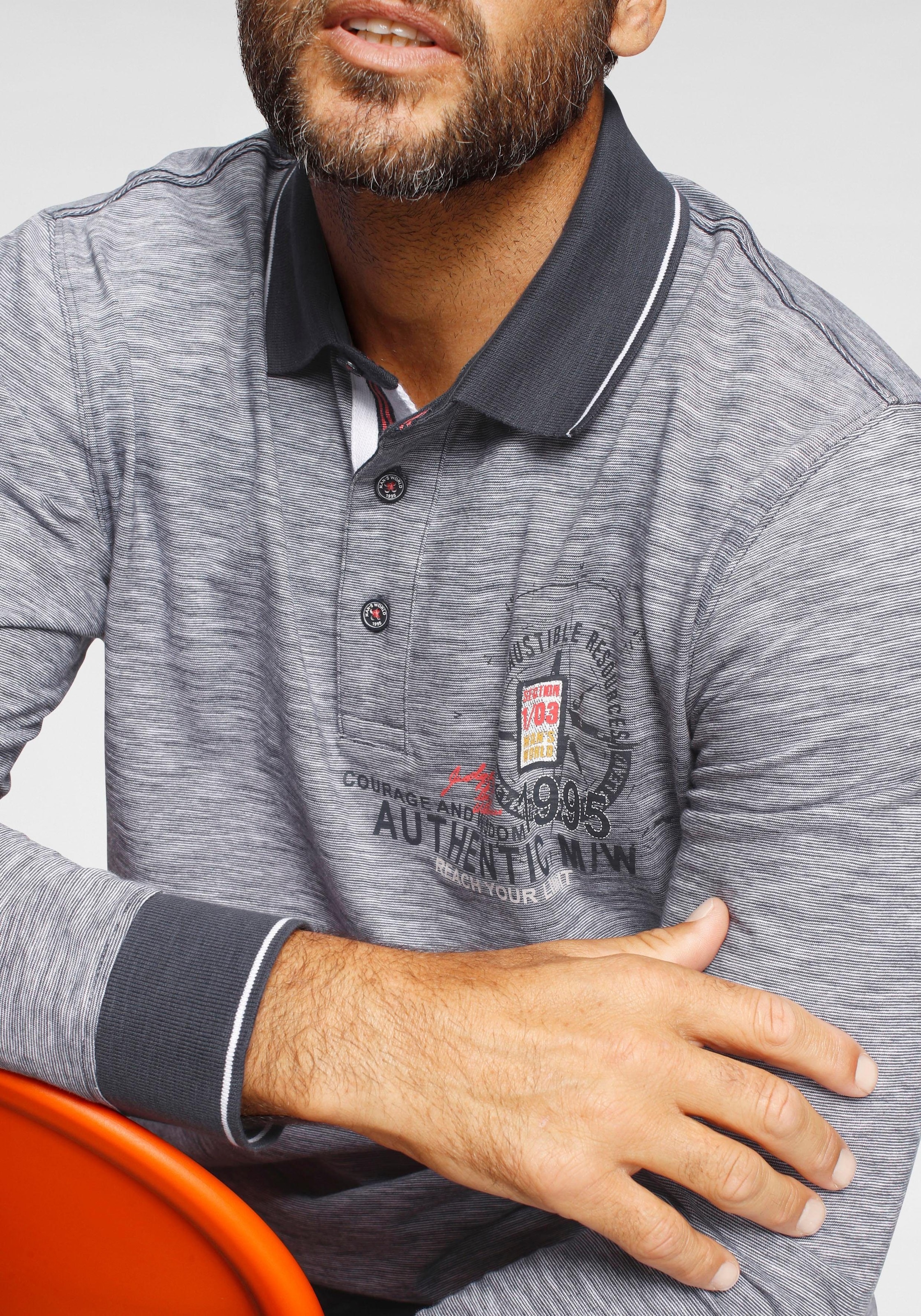 Man's World Langarm-Poloshirt, Langarm, melierte Optik, Polokragen, aus Baumwolle