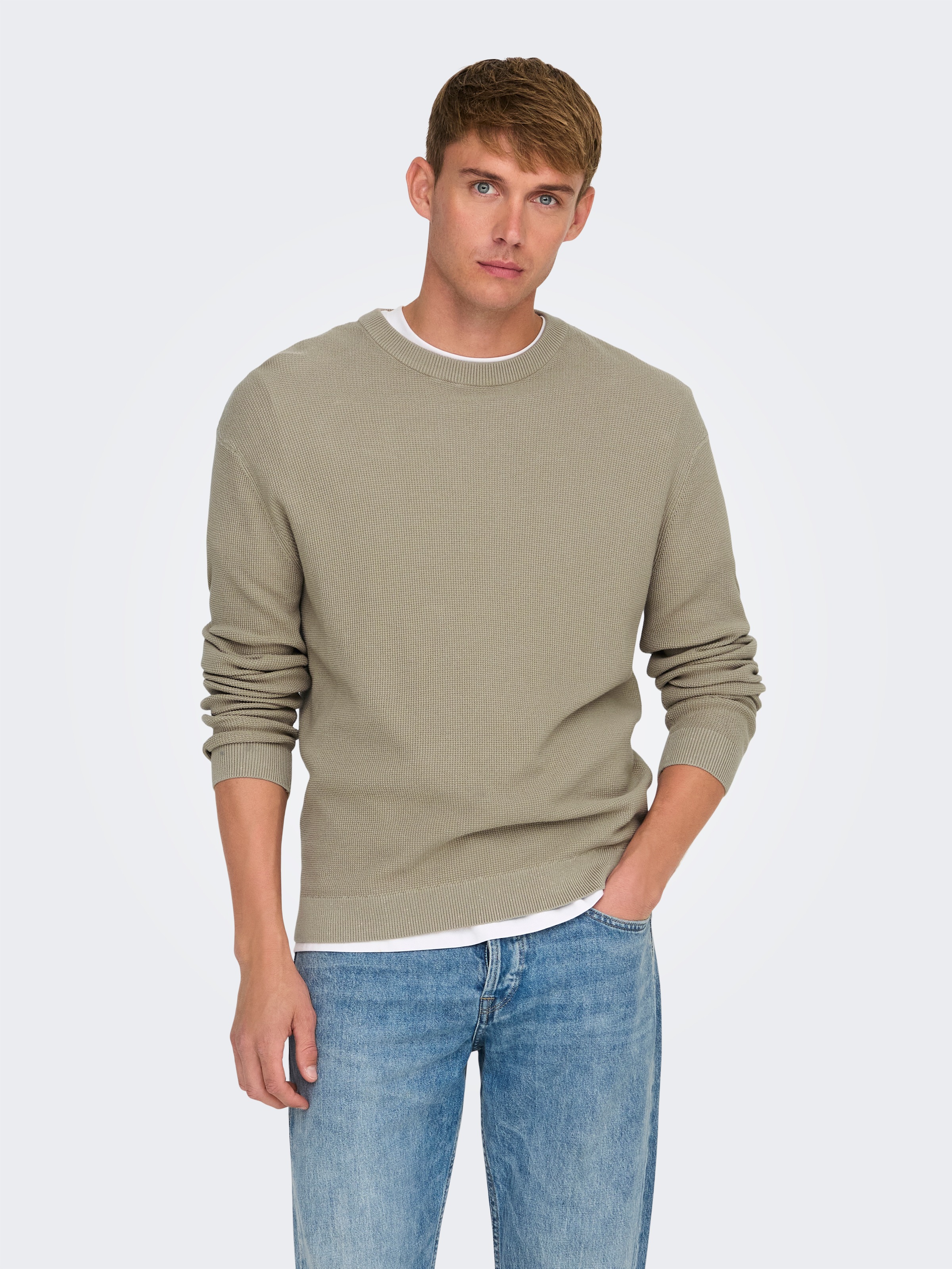 ONLY & SONS Rundhalspullover "ONSTONY DS 12 LS WAFFLE CREW KNIT" Baumwolle, günstig online kaufen