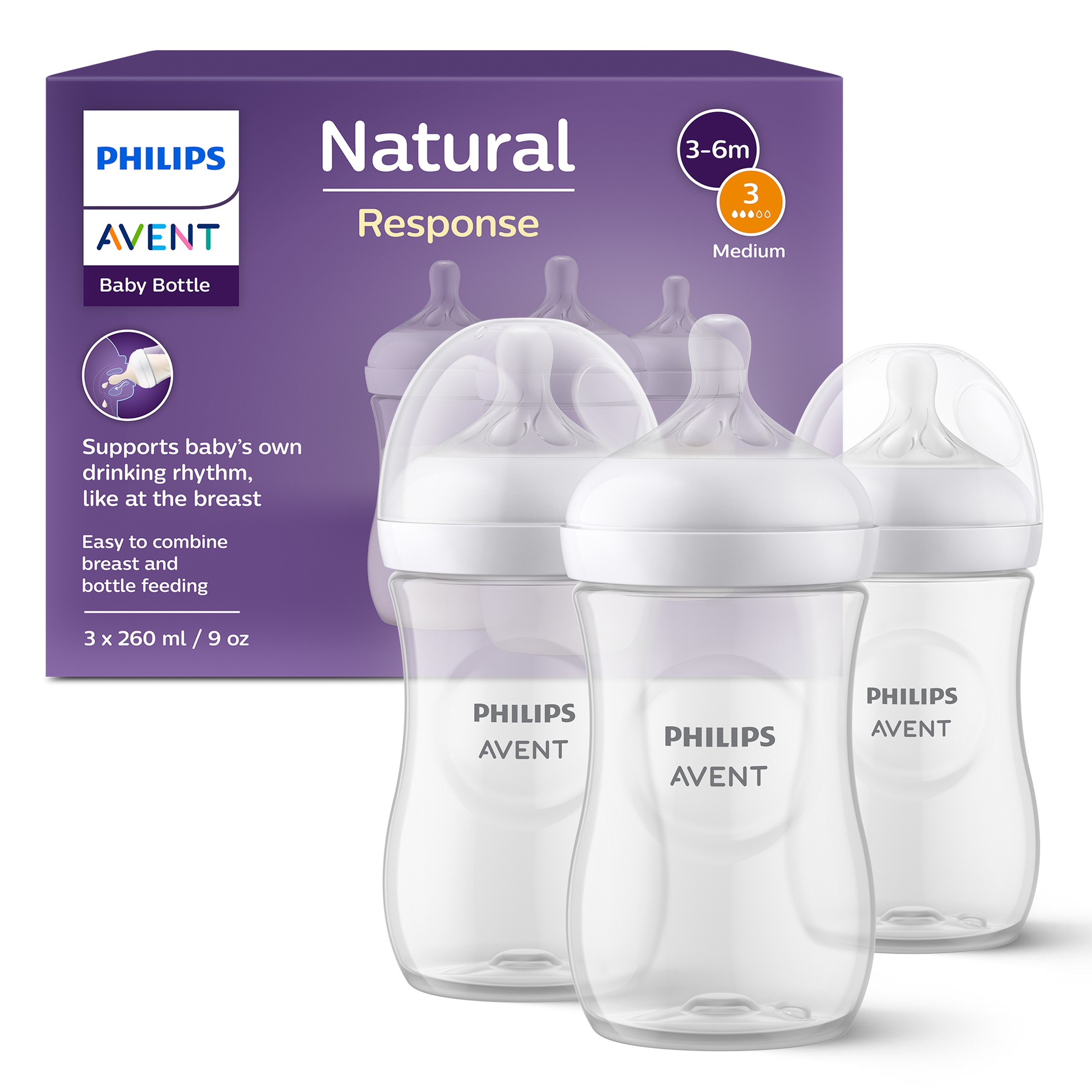 PHILIPS AVENT Baby Babyflasche "Natural Response SCY903/03", 260ml, transparent, Kunststoff, H:16,9cm, Trinkflaschen, 3 Stück, 260ml, ab dem 3. Monat