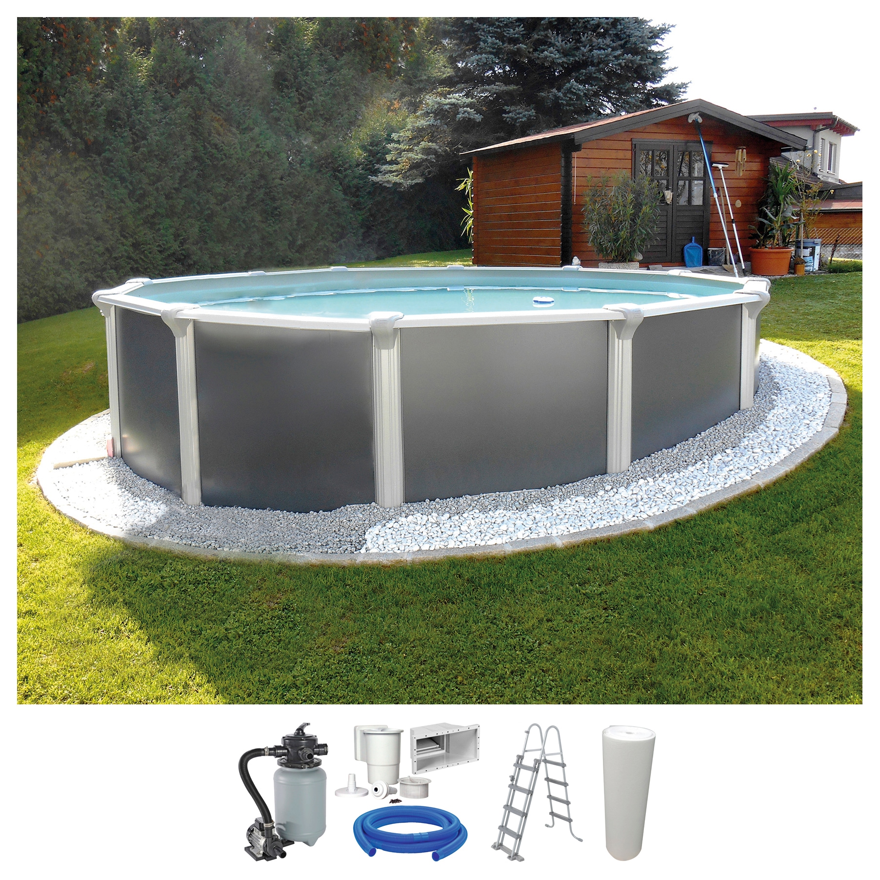 KWAD Rundpool "Supreme Design inkl. Sicherheitsleiter und Zubehör" 5-tlg., Höhe: 132 cm, graue Innenfolie