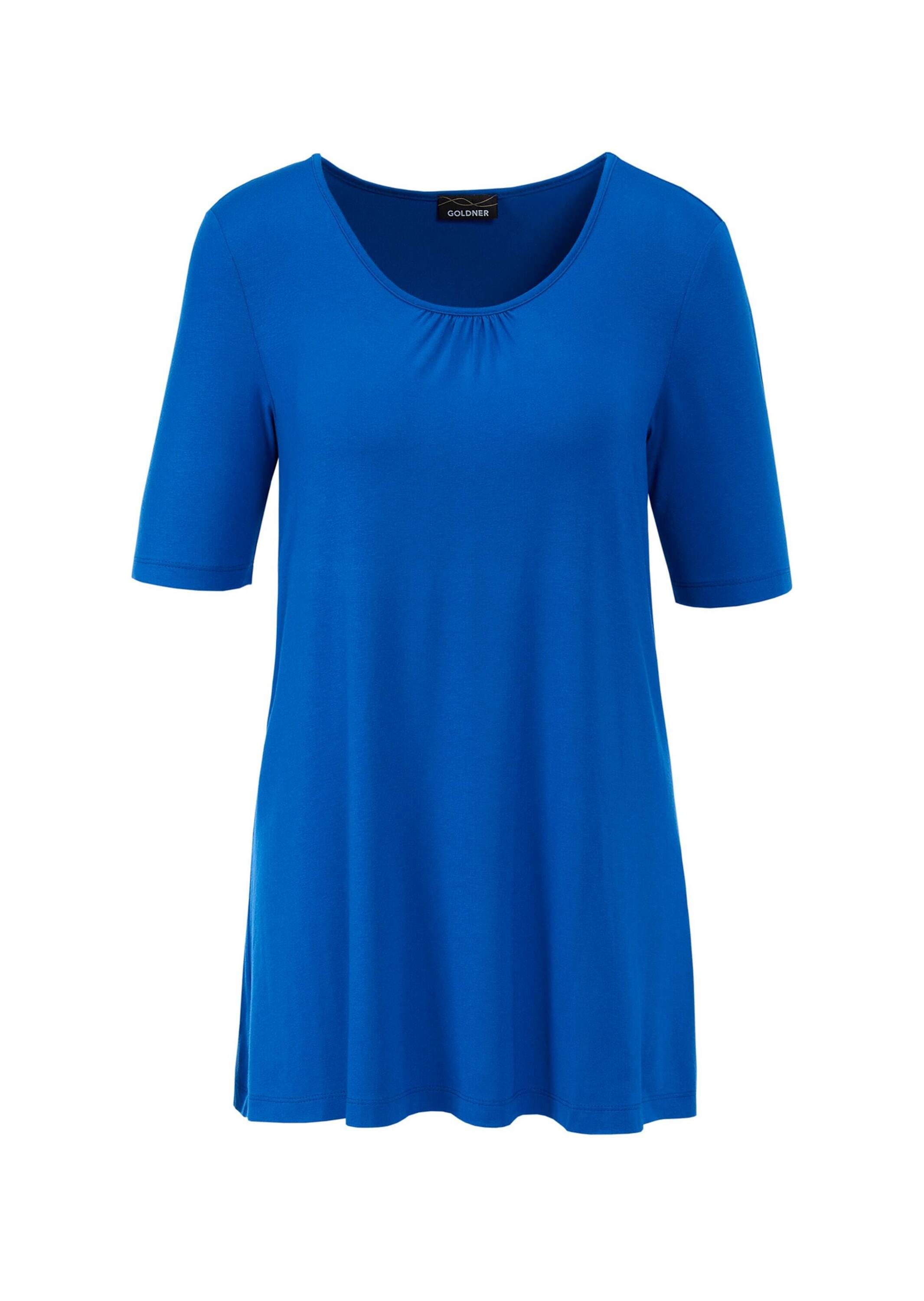 GOLDNER Damen Langarm-Poloshirt "Kurzgröße Zeitloses Shirt mit modernem Raffdetail", blau, Gr. 23, Obermaterial: 95% Viskose CV. 5% Elasthan EL.,