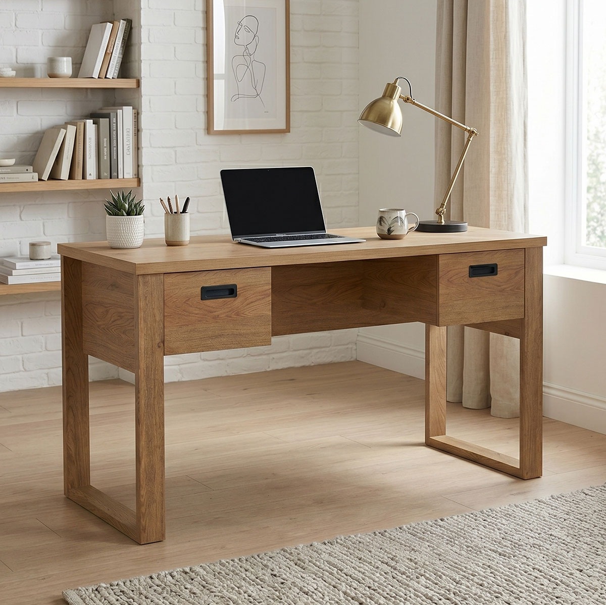 Jahnke Schreibtisch "RIVA D 140" Schreibtisch,Stauraum,2 Türen, Metallgriffe,Eiche-Optik,Breite:140 cm