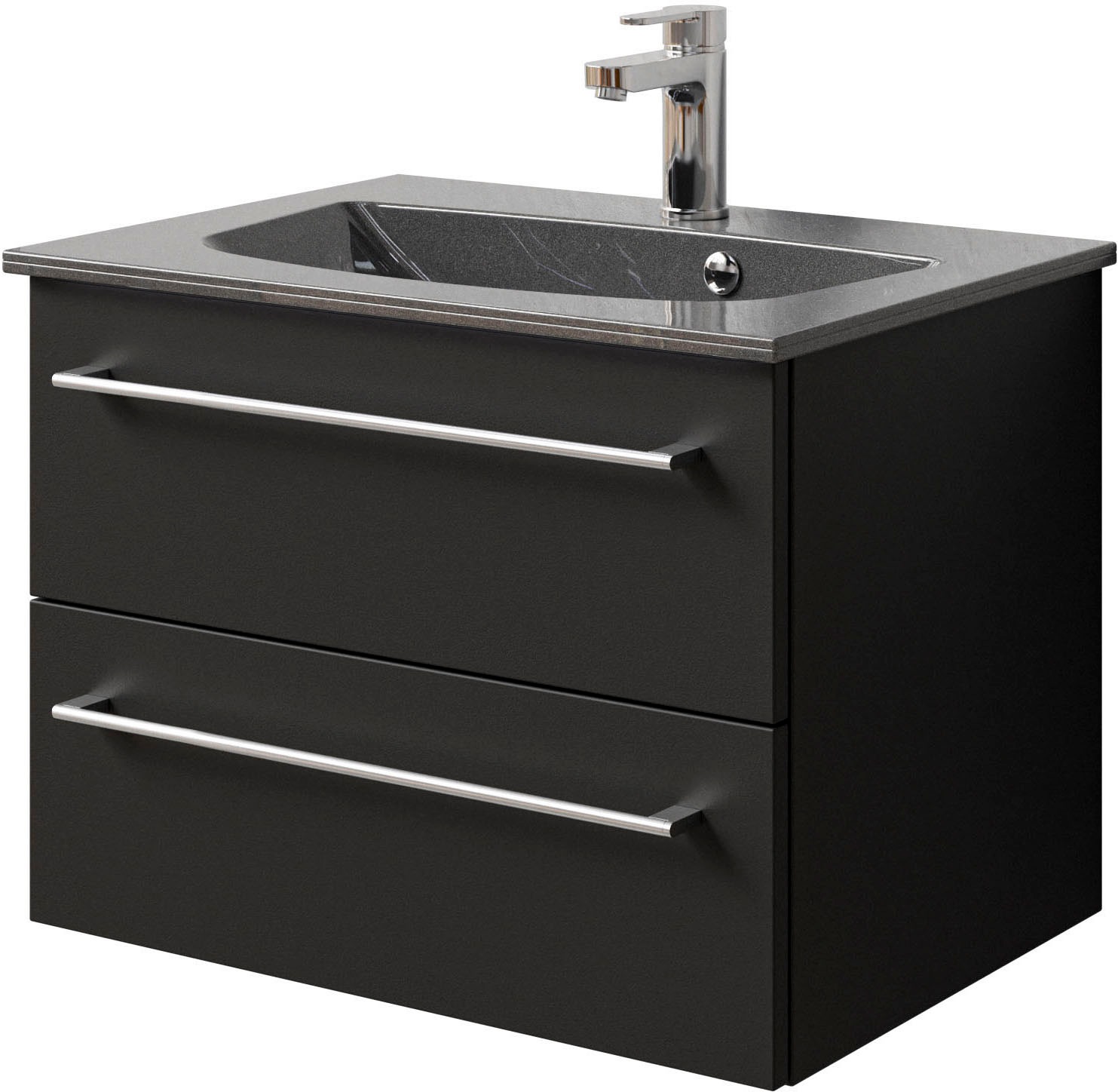 Saphir Badmöbel-Set »Serie 6025 2-teilig Mineralmarmor-Waschtisch mit LED-Spiegelschrank«, (2 St.), Waschplatz 67 cm breit, 2 Schubladen, 2 Spiegel-Türen, inkl Türdämpfer