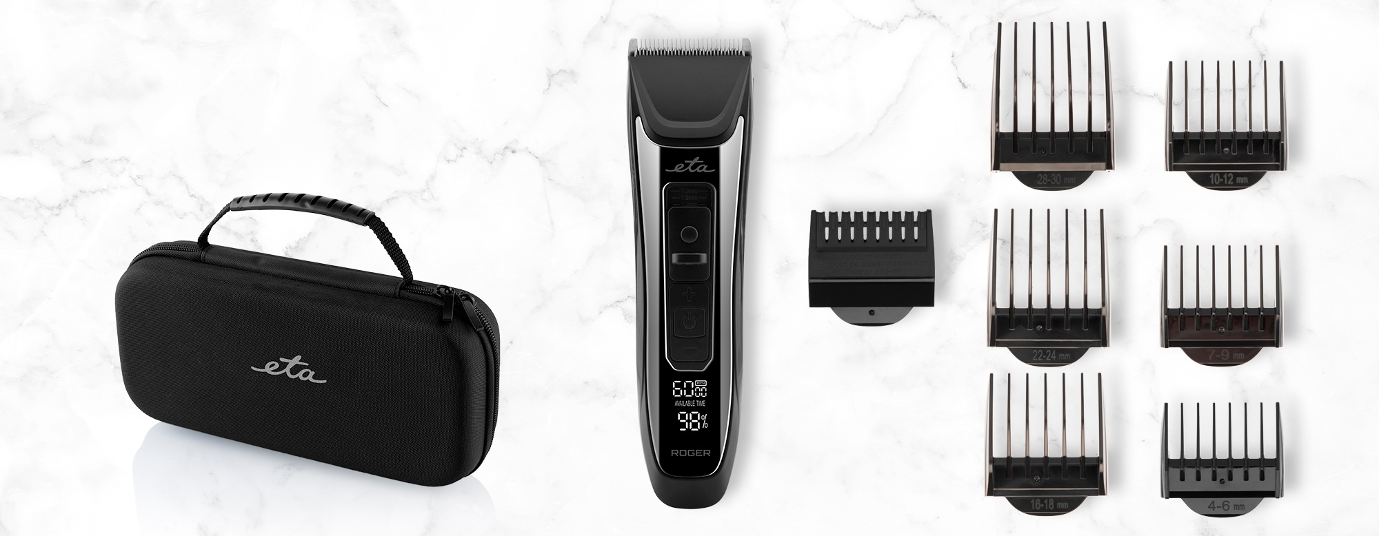 ETA Haar- und Bartschneider "Roger ETA934590000", schwarz, B:5cm H:18cm T:4cm, Haarschneider, incl. Aufsatz zum Effilieren, 6 Aufsätze (4 - 30 mm)