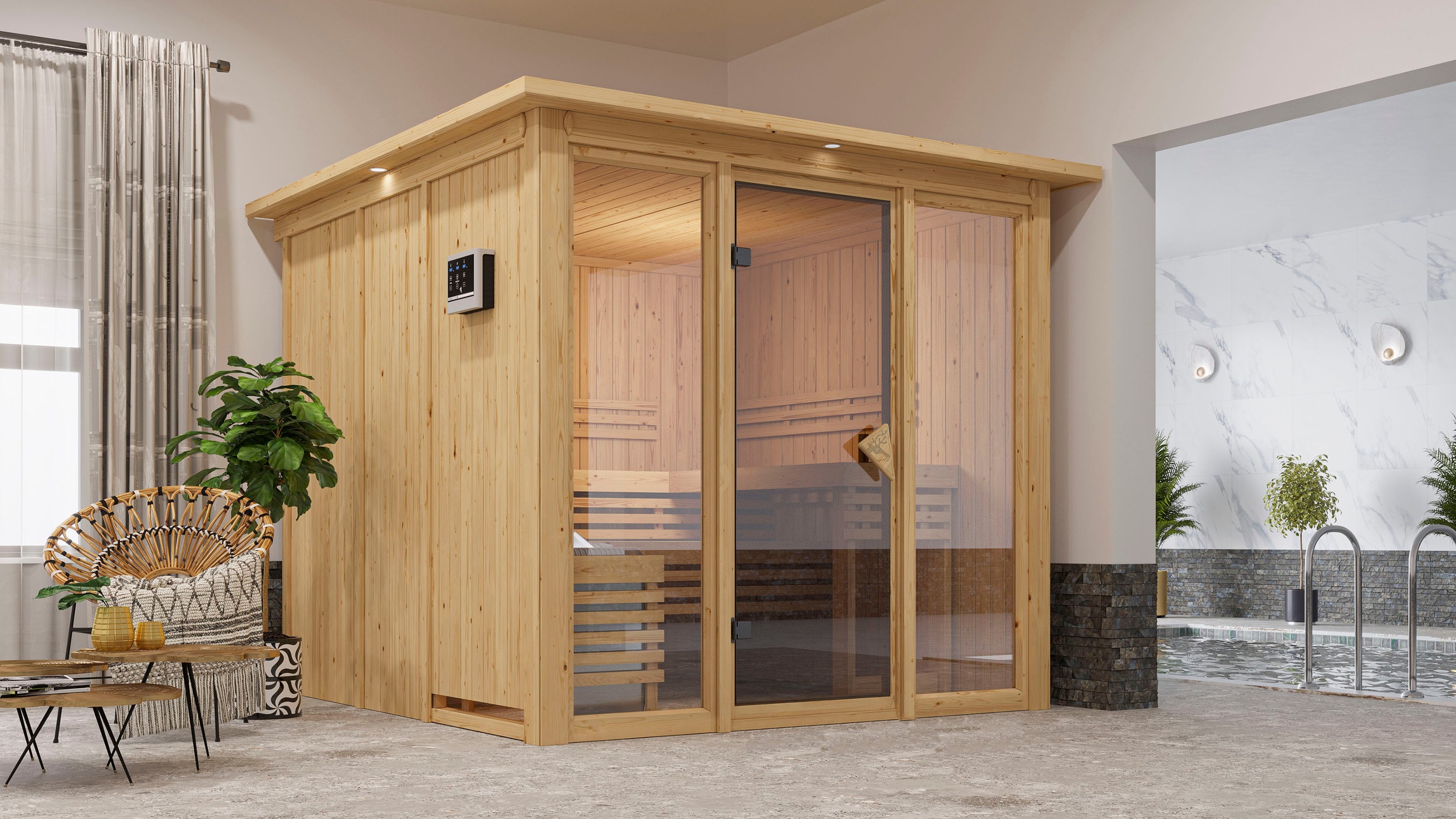welltime Sauna »Artja«, naturbelassen, mit Ofen 9 kW ext. Steuerung