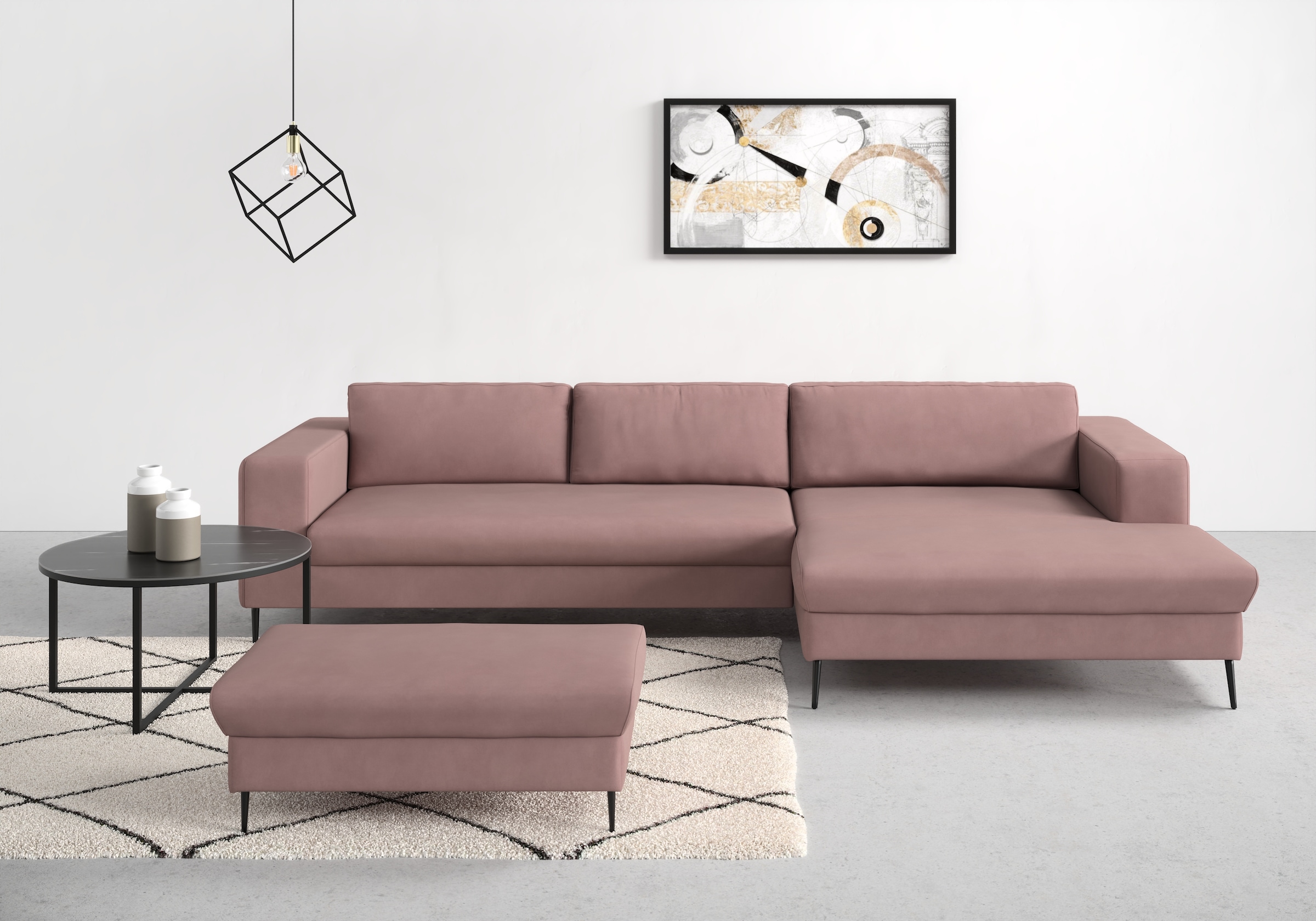 DOMO collection Ecksofa "Modica, zeitlos & elegant, Breite 329cm, hoher Fuß, bequem, L-Form" Auch in Cord, Fußhöhe passend für gängige Saugroboter