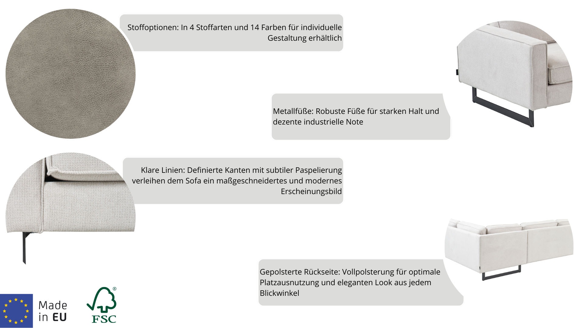 Places of Style 3-Sitzer »Pinto«, Maxi-Ausführung, mit Keder und Metallfüßen, auch mit Cord Bezug