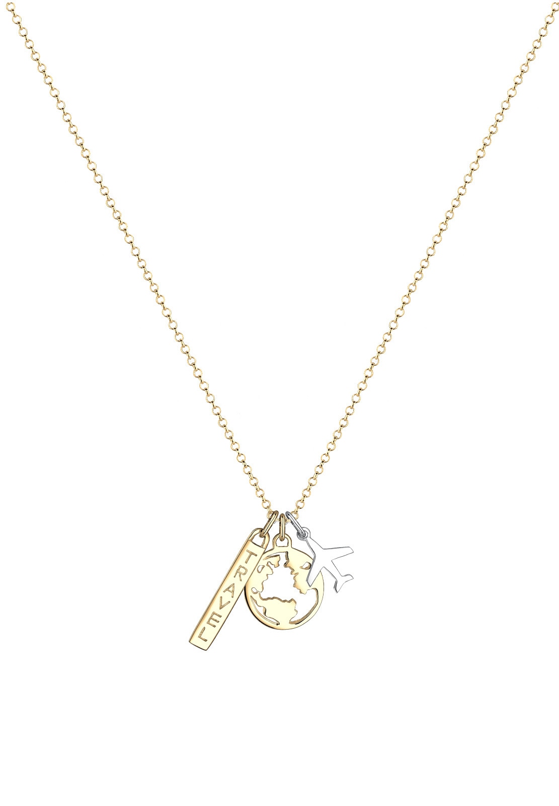 Elli Kette mit Anhänger »Globus Flugzeug Travel 925 Sterling Silber Bicolor«