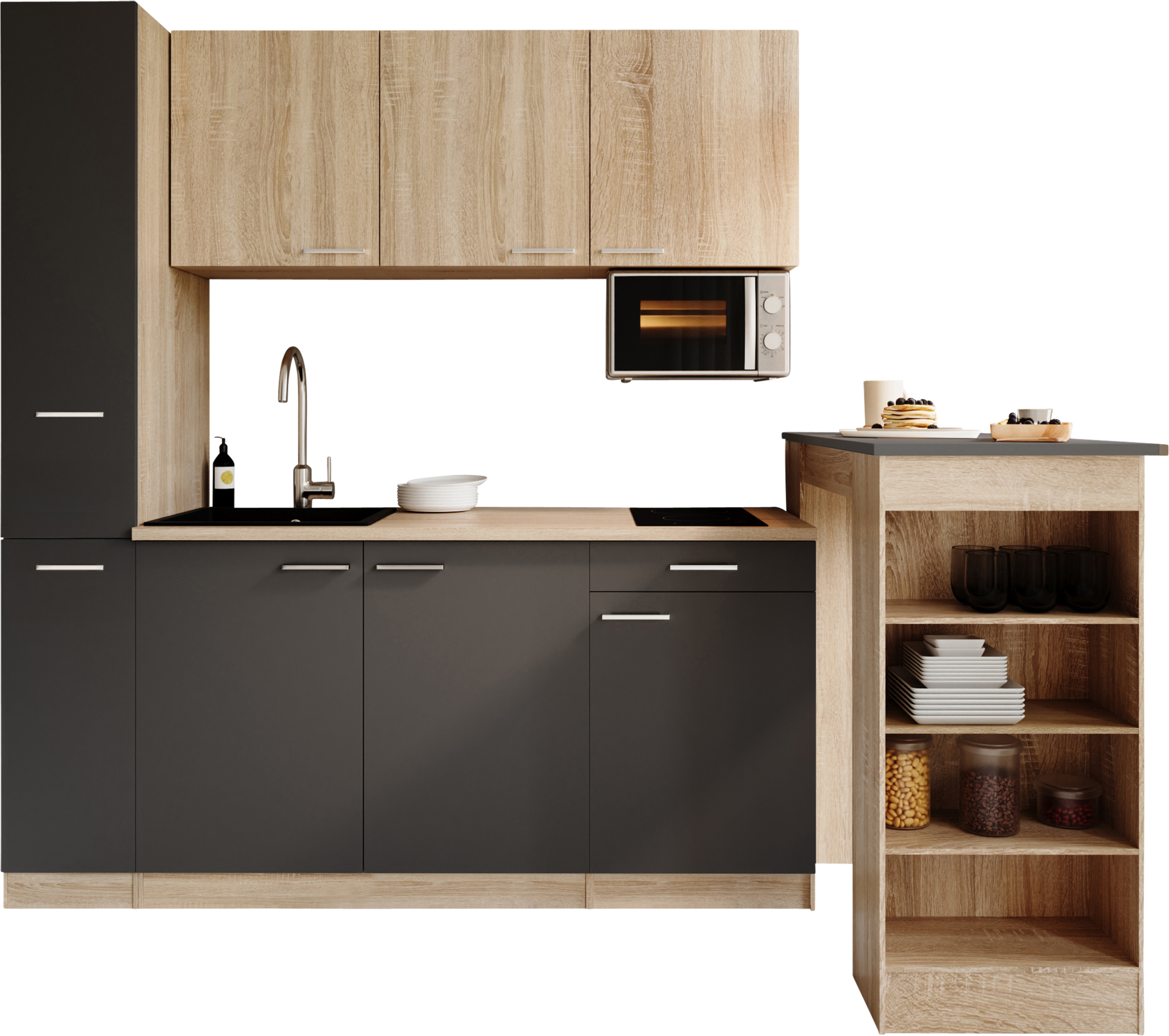 RESPEKTA Küchenzeile "Ingrid, inkl. Tresentisch und Mikrowelle" zerlegt, wahlweise mit Kühlschrank, Soft-Close-Funktion, Breite 180 cm