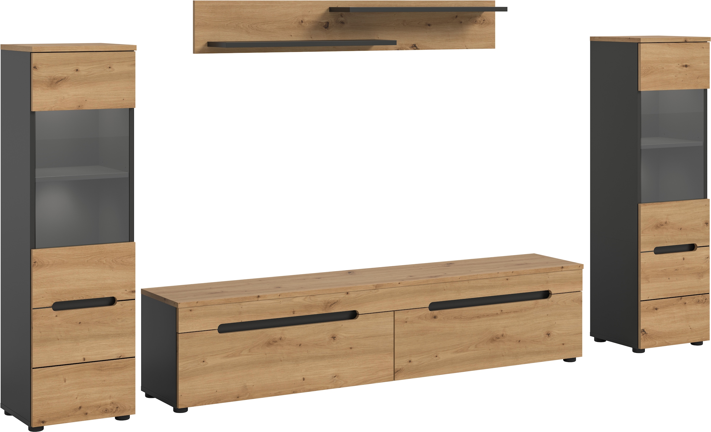 INOSIGN Wohnwand »REHAT, TOPSELLER!, 4-teilig, inkl. Beleuchtung, stehend oder hängend«, (4 St., Set bestehend aus: 2x Vitrine inkl. Beleuchtung, Lowboard & Wandboard), Kombination, Anbauwand, Set, Wohn-Set, Wohnzimmer-Set, Schrankwand