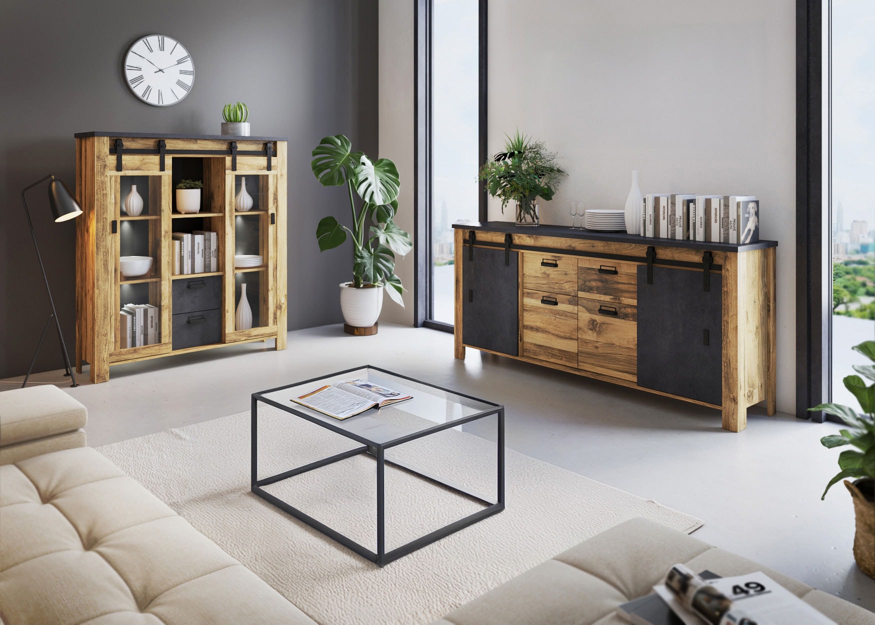 Home affaire Sideboard »York, moderner Schrank, Kommode in Hunton Oak Dekor, Industrialdesign«, mit Scheunentorbeschlägen & Apothekergriffen aus Metall, 201 cm breit