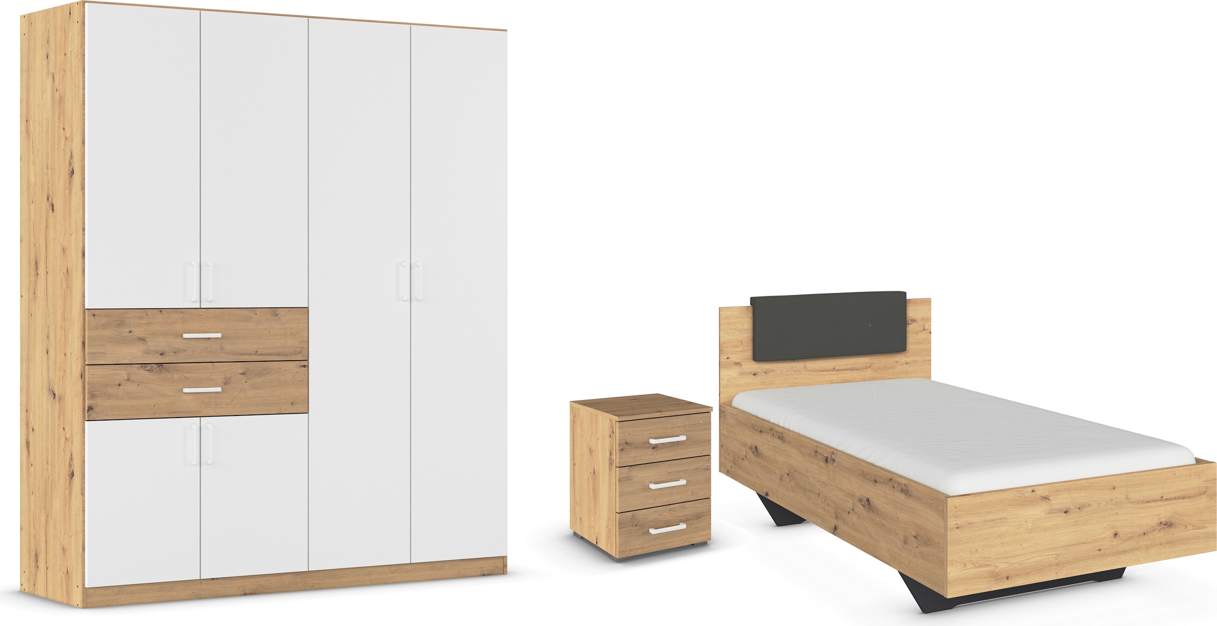 rauch Schlafzimmer-Set »Komplettzimmer Komplettschlafzimmer Schlafzimmer-Set (3-St.) MAIKA«, (Set, 3 tlg.), Schrank 3 Breiten, 2 Höhen, Bett 100 cm, Nachttisch MADE IN GERMANY