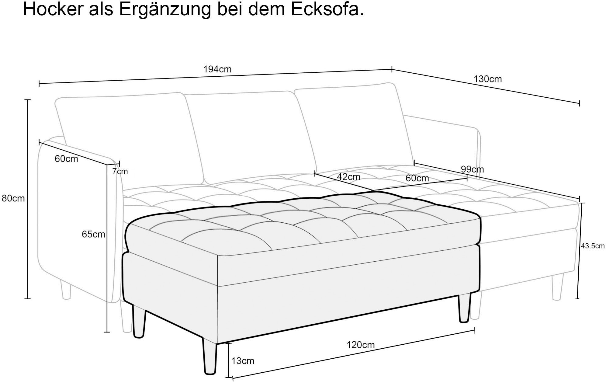 Dorel Home Ecksofa »LINDHUS, Chenille, L-Form, Breite 194cm, verschiedene Stellvarianten« Recamiere, Stauraum, Modulsofa