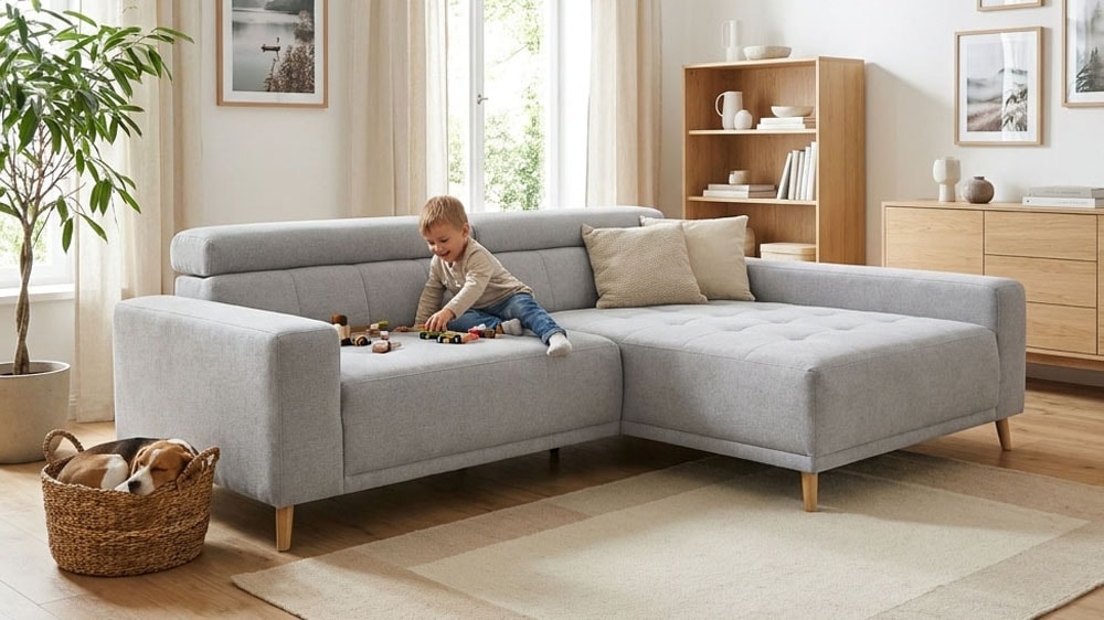 OTTO home "Greevy 248 x 172 cm mit Steppungen, für gängige Saugroboter geeignet" Kopfteile verstellbar, L-Form, aus Pet Friendly Bezug