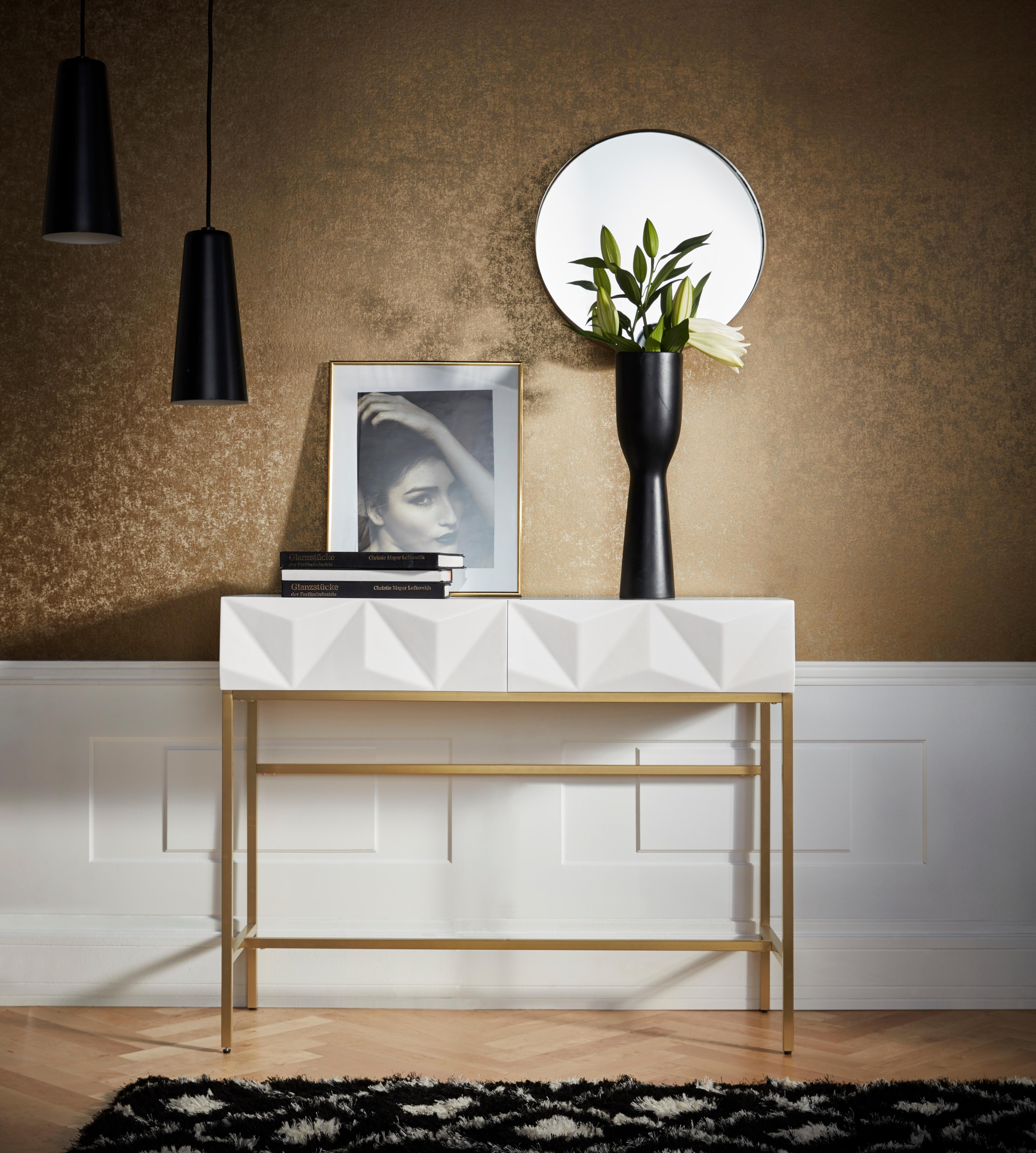 Leonique Sideboard Minfi, in 3D-Optik, Konsolentisch mit goldfarbenem Metallgestell, Schminktisch