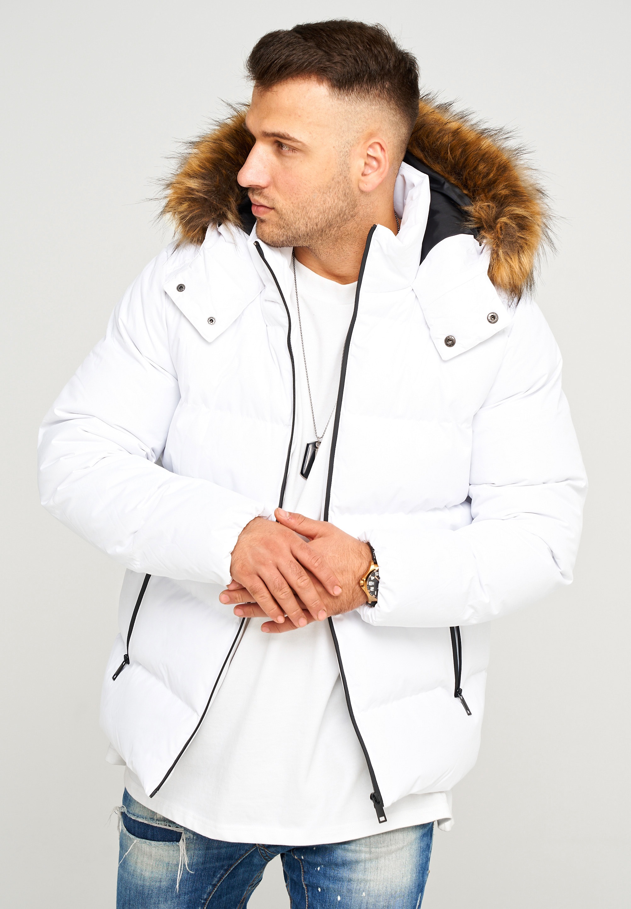 behype Steppjacke »BHBROWNS«, mit abtrennbarer Kunstfellkapuze