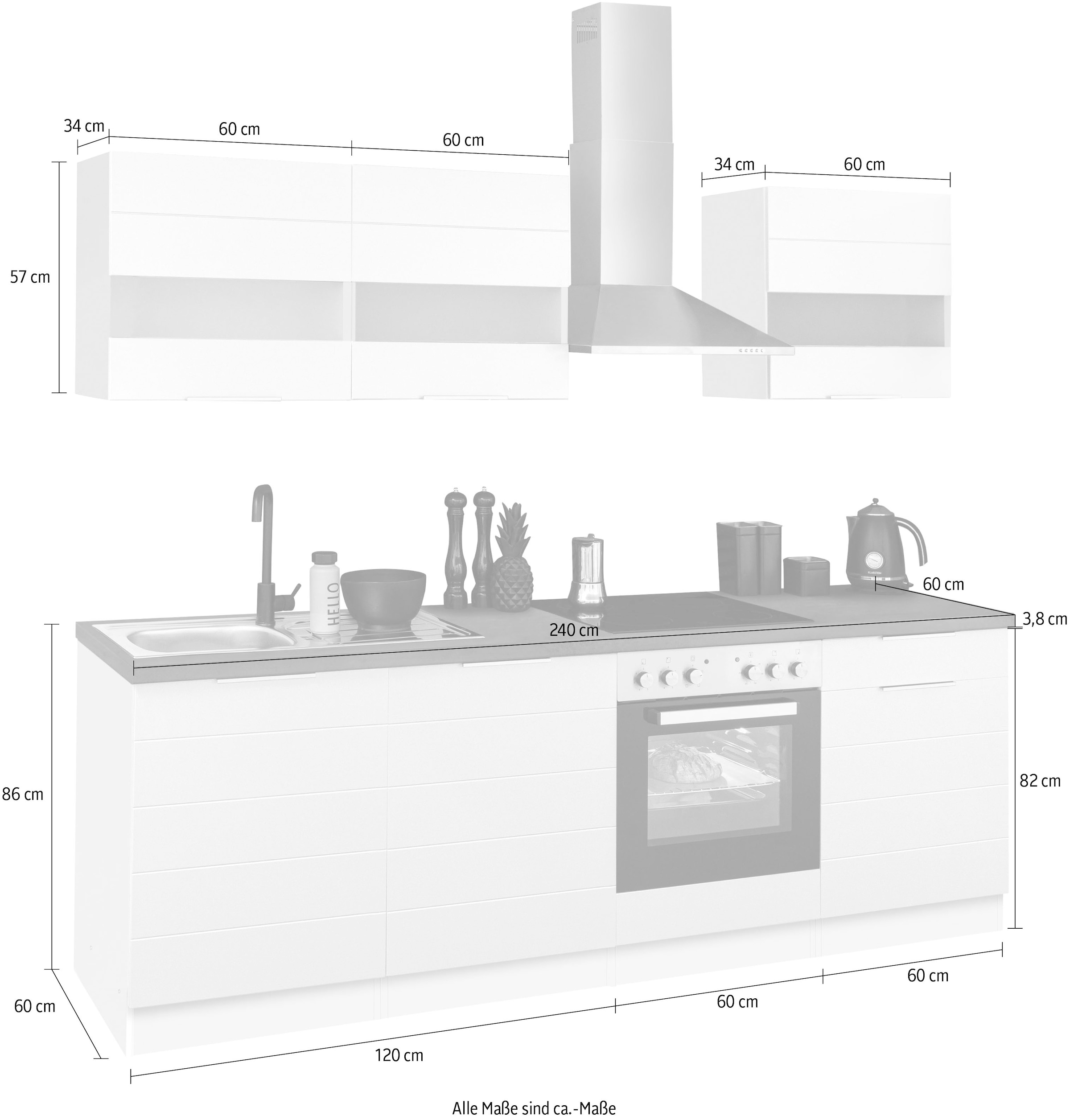 KOCHSTATION Küchenzeile »KS-Luhe«, 240 cm breit, wahlweise mit oder ohne E-Geräten, gefräste MDF-Fronten