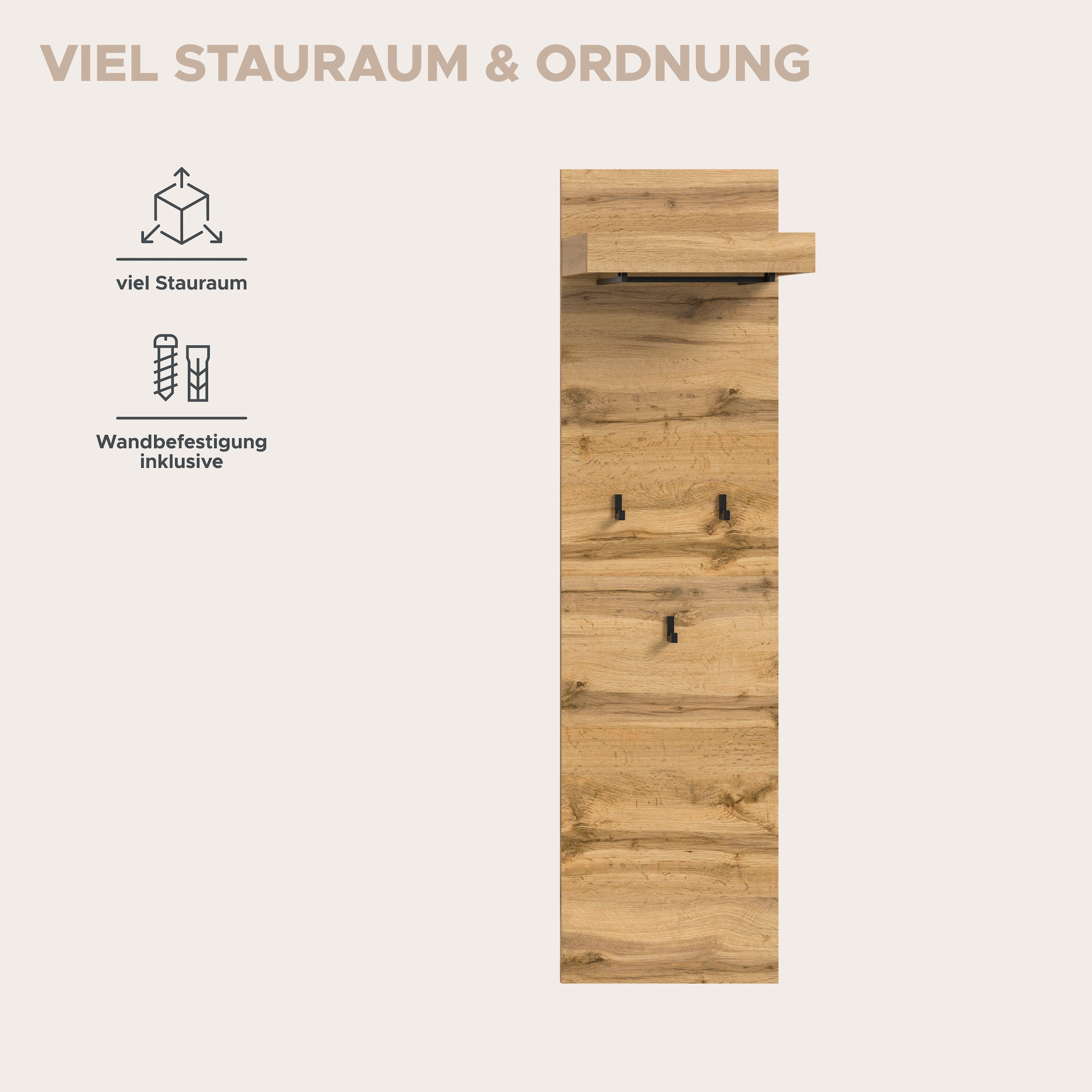 OTTO home Garderobenpaneel »MAMBO II, Höhe 150cm, 1 Kleiderstange & Hutablage, 3 Haken« individuell mit weiteren Artikeln der Serie MAMBO kombinierbar, 1 Stk. tlg. Paneel, Garderobe, Flur, Diele, Hakenleiste, Flurgarderobe