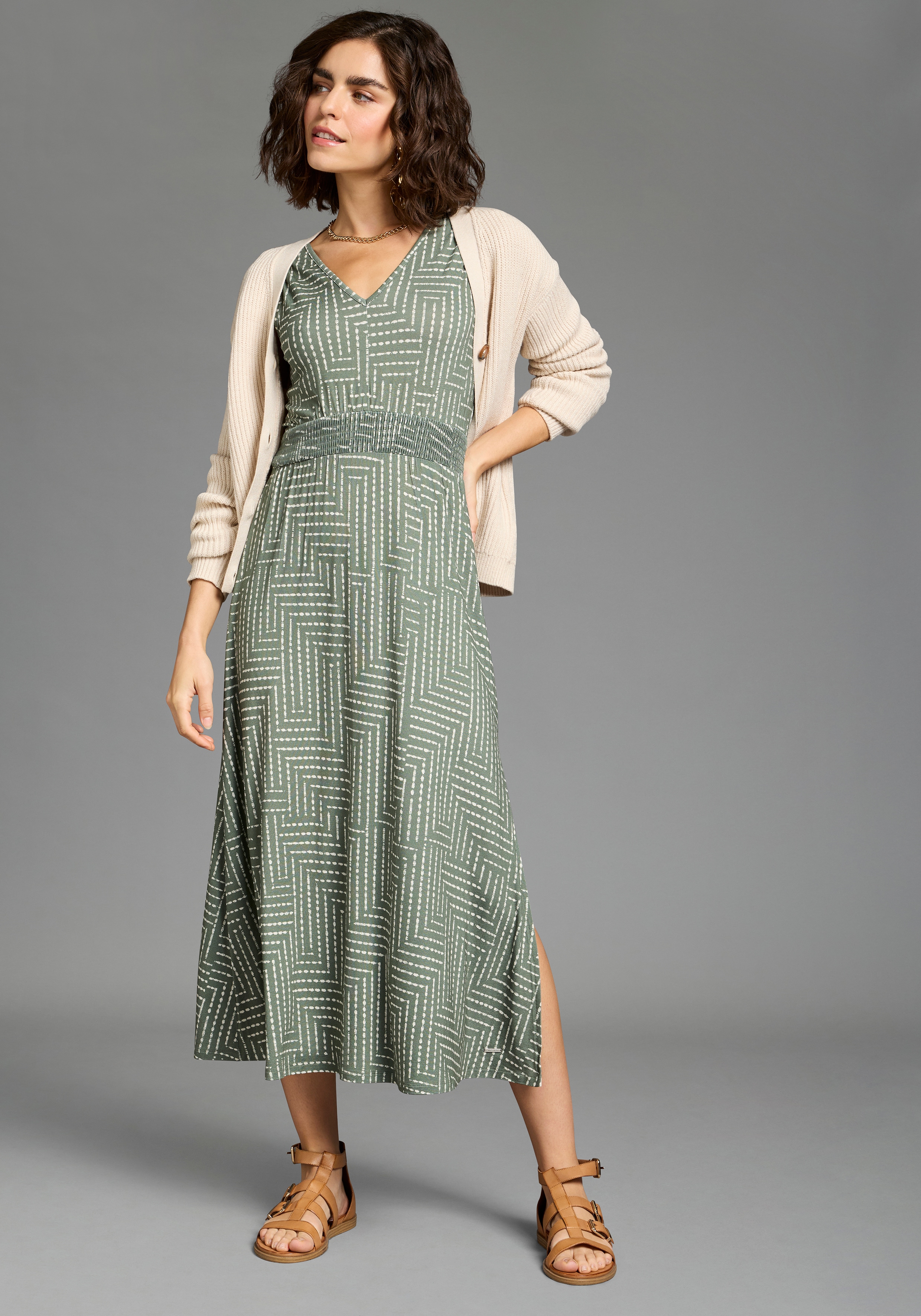 Laura Scott Midikleid gemusterte Optik, aus Viskose und Elasthan, mit V-Ausschnitt