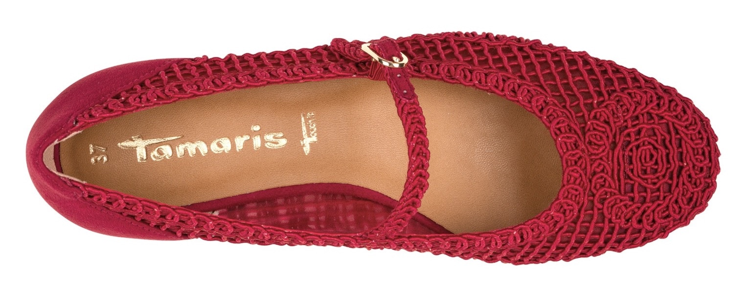 Tamaris Riemchenballerina, Blockabsatz, Halbschuh, Frühlingsschuh in modischer Häkeloptik