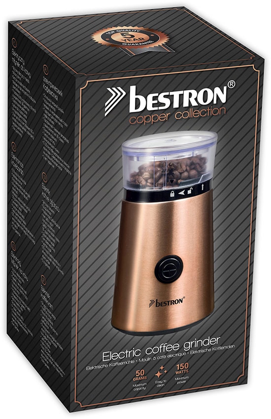 bestron Kaffeemühle »ACG1000CO«, 150 W, Schlagmahlwerk, 50 g Bohnenbehälter, elektrisch, mit Edelstahl-Schlagmesser, Edelstahl in Kupfer-Optik