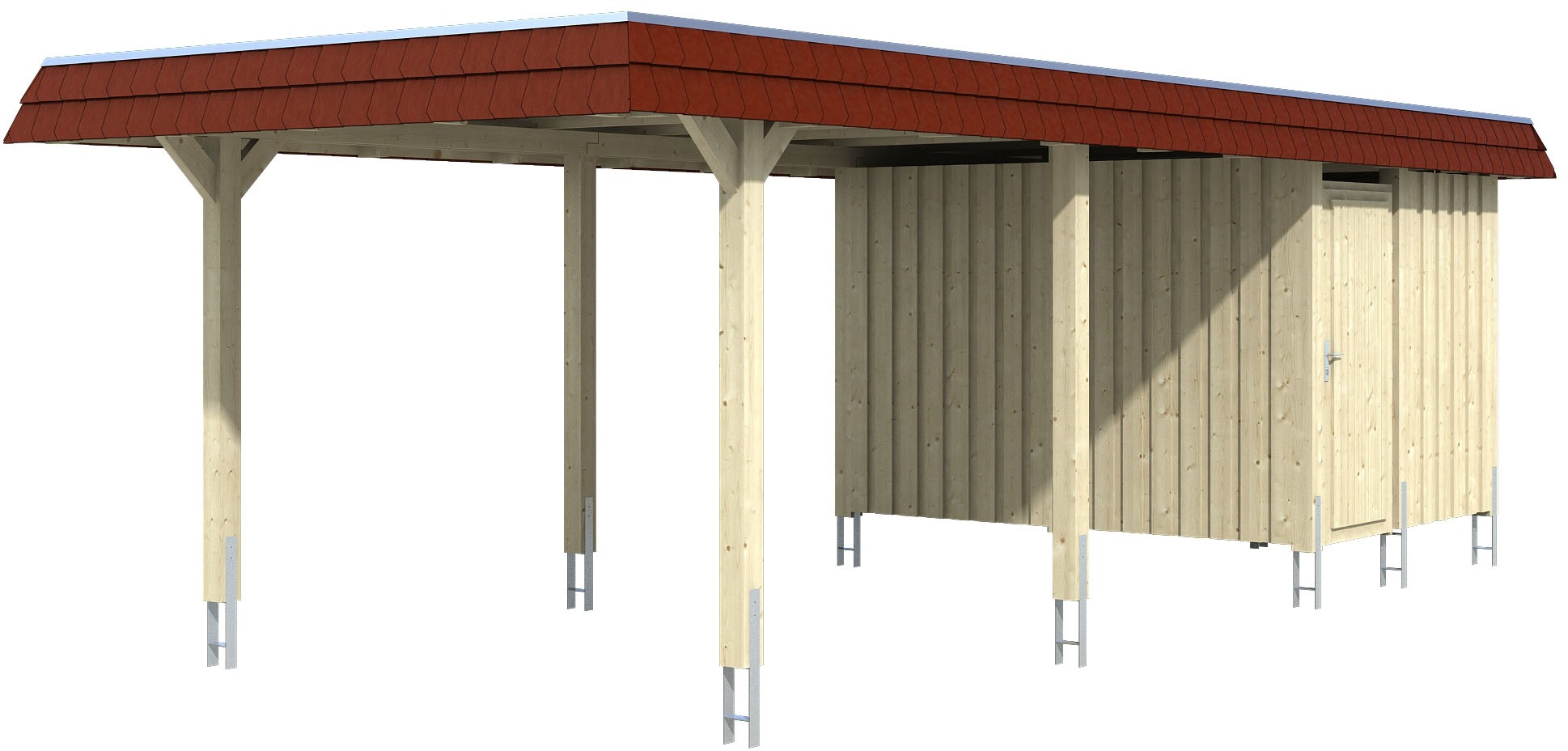 Skanholz Einzelcarport "Wendland", Leimholz-Fichte, 291 cm, Natur, mit Abstellraum mit EPDM-Dach, rote Blende