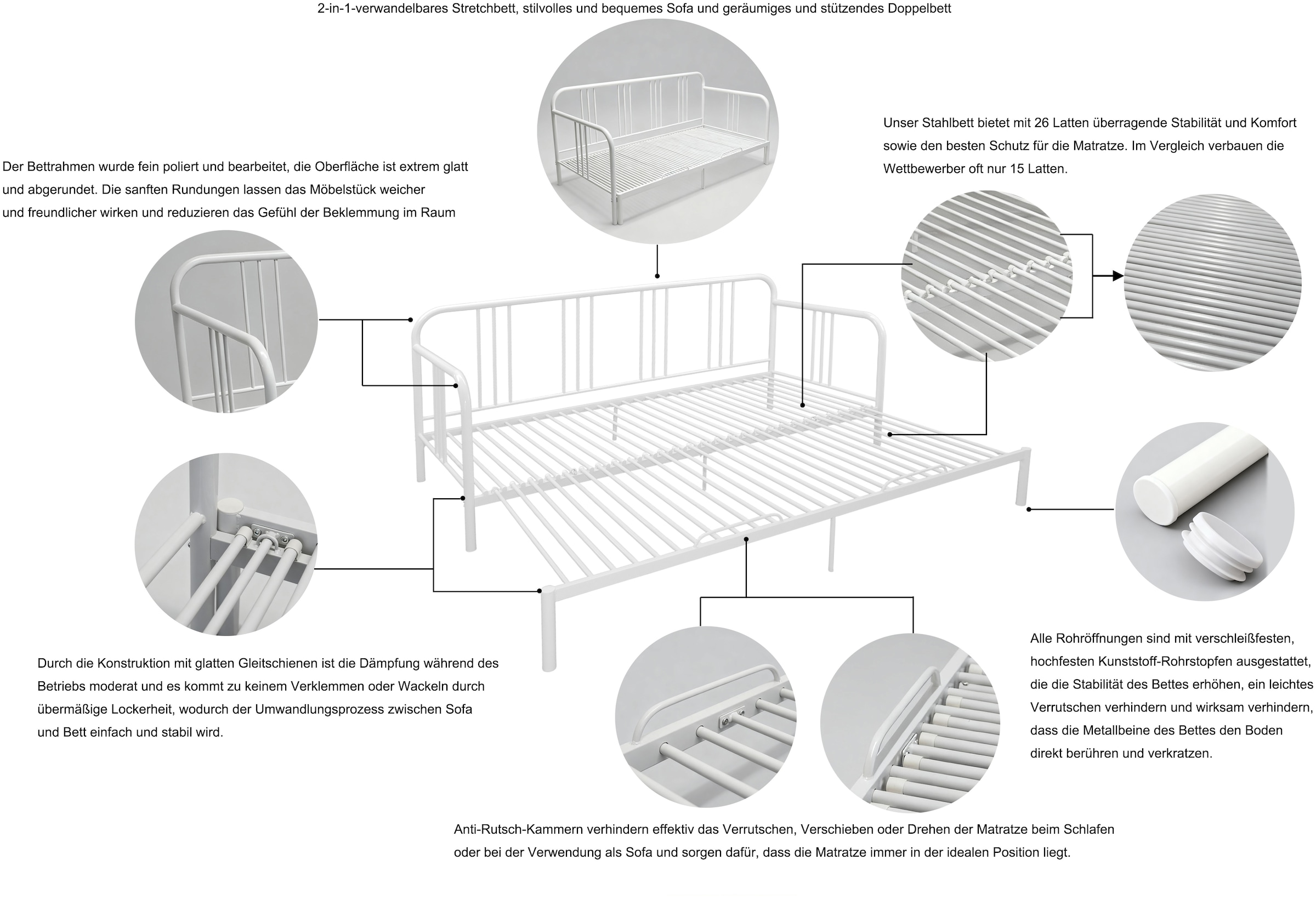 OTTO home Metallbett »Trento Bett Bettgestell Bestseller Doppelbett Ausziehbett« Bestseller Gästebett Sofabett Schlafzimmer,  Daybett mit Ausziefunktion im Landhausdesign weiß