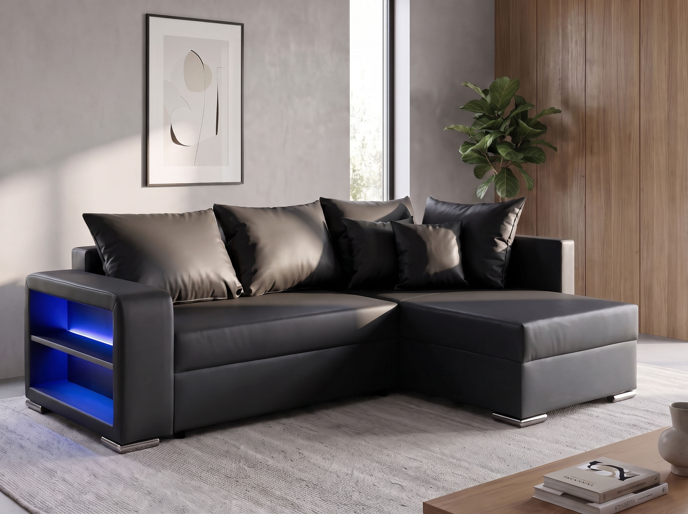 COLLECTION AB "John L-Form, B: 226 cm, Schlaffunktion & Bettkasten" Regalelement mit Licht, Couch mit Federkern, 2 Zierkissen