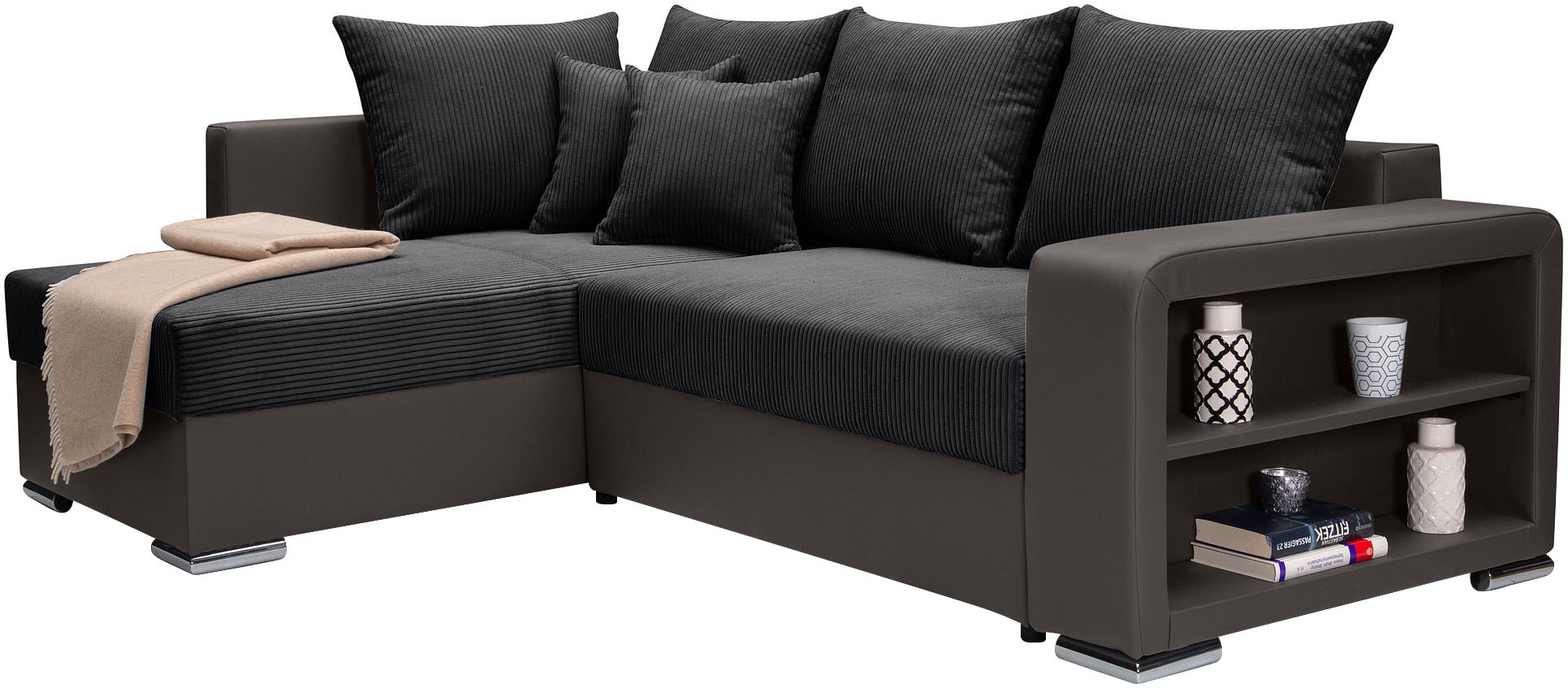 COLLECTION AB Ecksofa »L-Form«, Regalarmlehne mit LED RGB Beleuchtung,Bettfunktion und Bettkasten