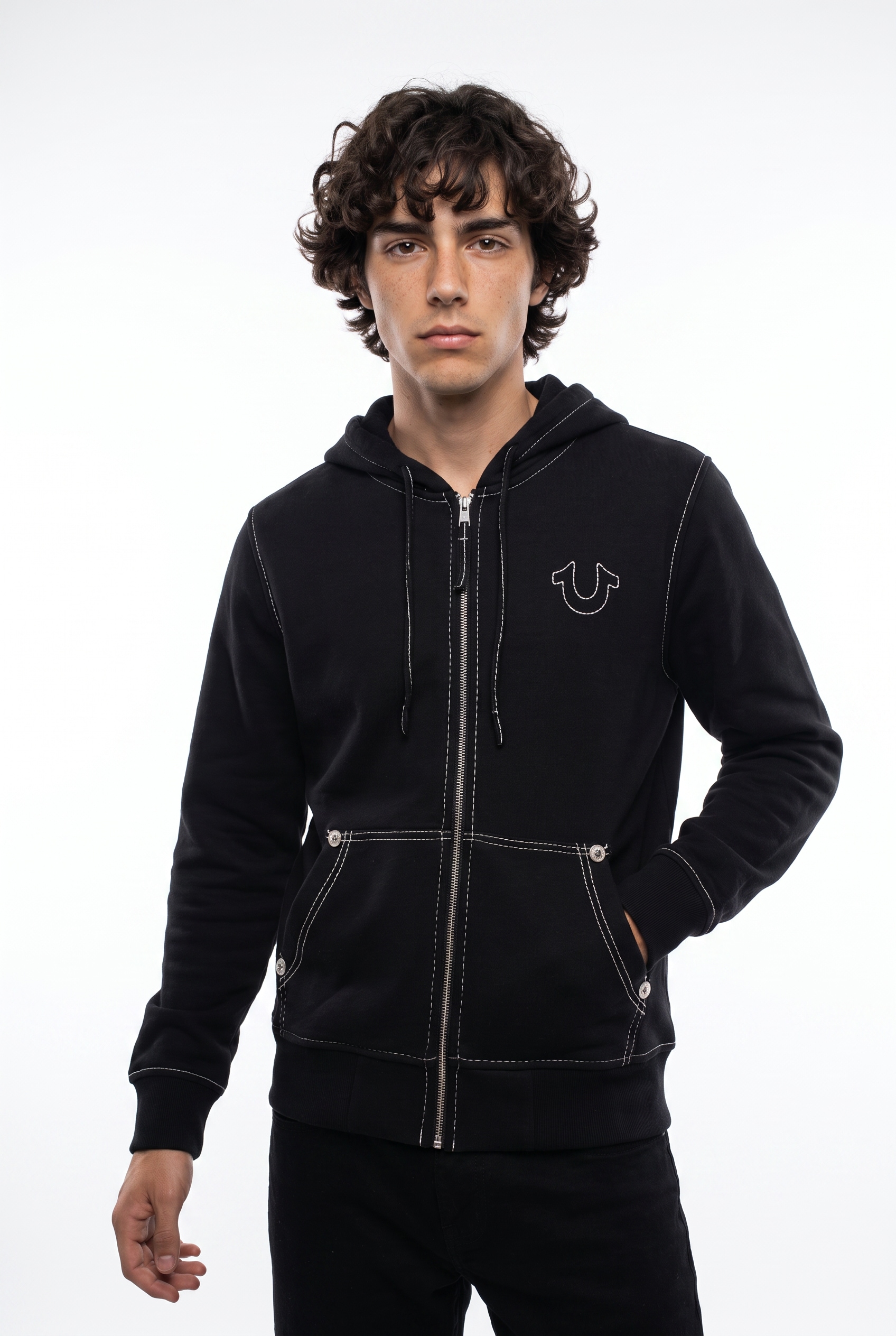 True Religion Kapuzensweatjacke "BIG T ZIP THRU HOODIE JET BLACK" Baumwollmischung