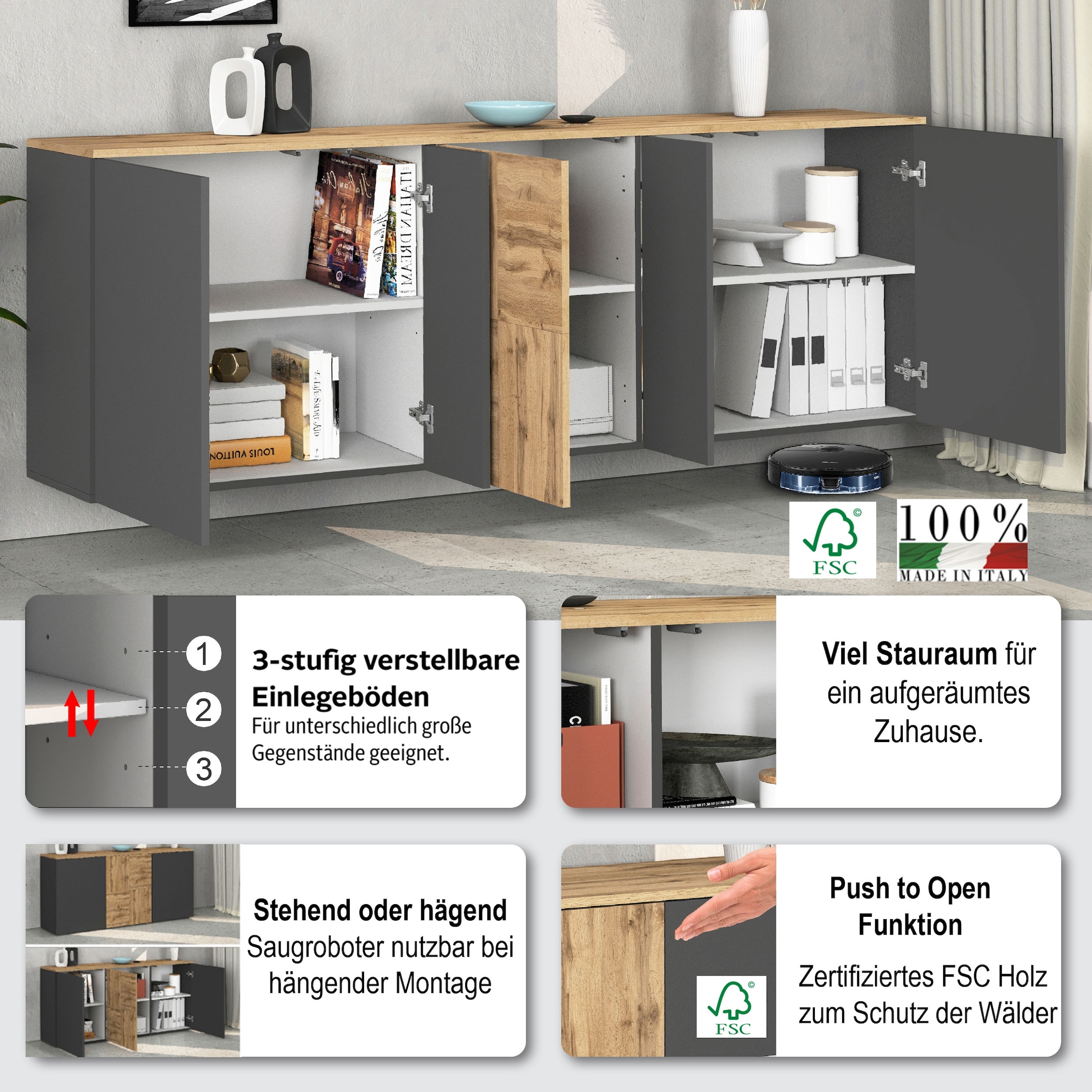 OTTO home Sideboard »ISEO, Kommode, Schrank, Sideboard, Lowboard, 6 Fächer, Breite 200 cm« 1 Stk. tlg. stehend/hängend, 5 Türen, 6 Fächer, Breite 200 cm