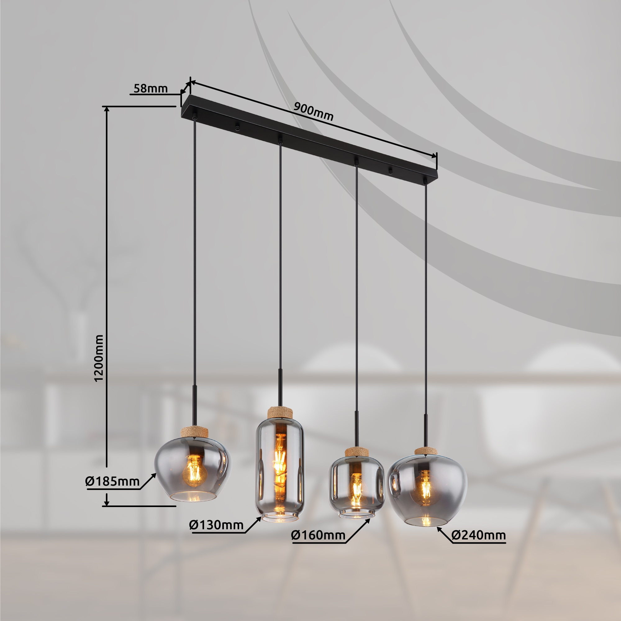 GLOBO LIGHTING Hängeleuchte »MATT« E27 1 Stk. Hängeleuchte Schwarz/Hanf, Rauchglas, 4 Gläser, höhenkürzbar, E27