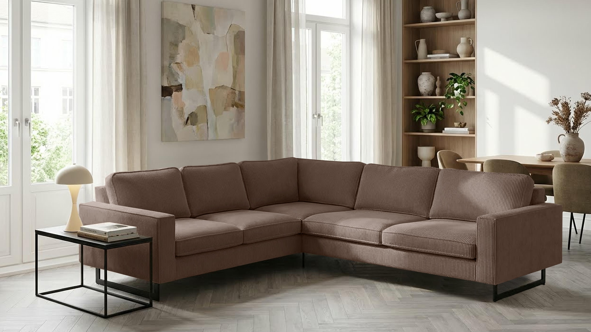 OTTO home Ecksofa "Pinto, XXL, 250/290 cm, langer Schenkel, Ottomane" Cord, Chenille, Lederoptik, mit Keder, Metallfüße, Wellenunterfederung