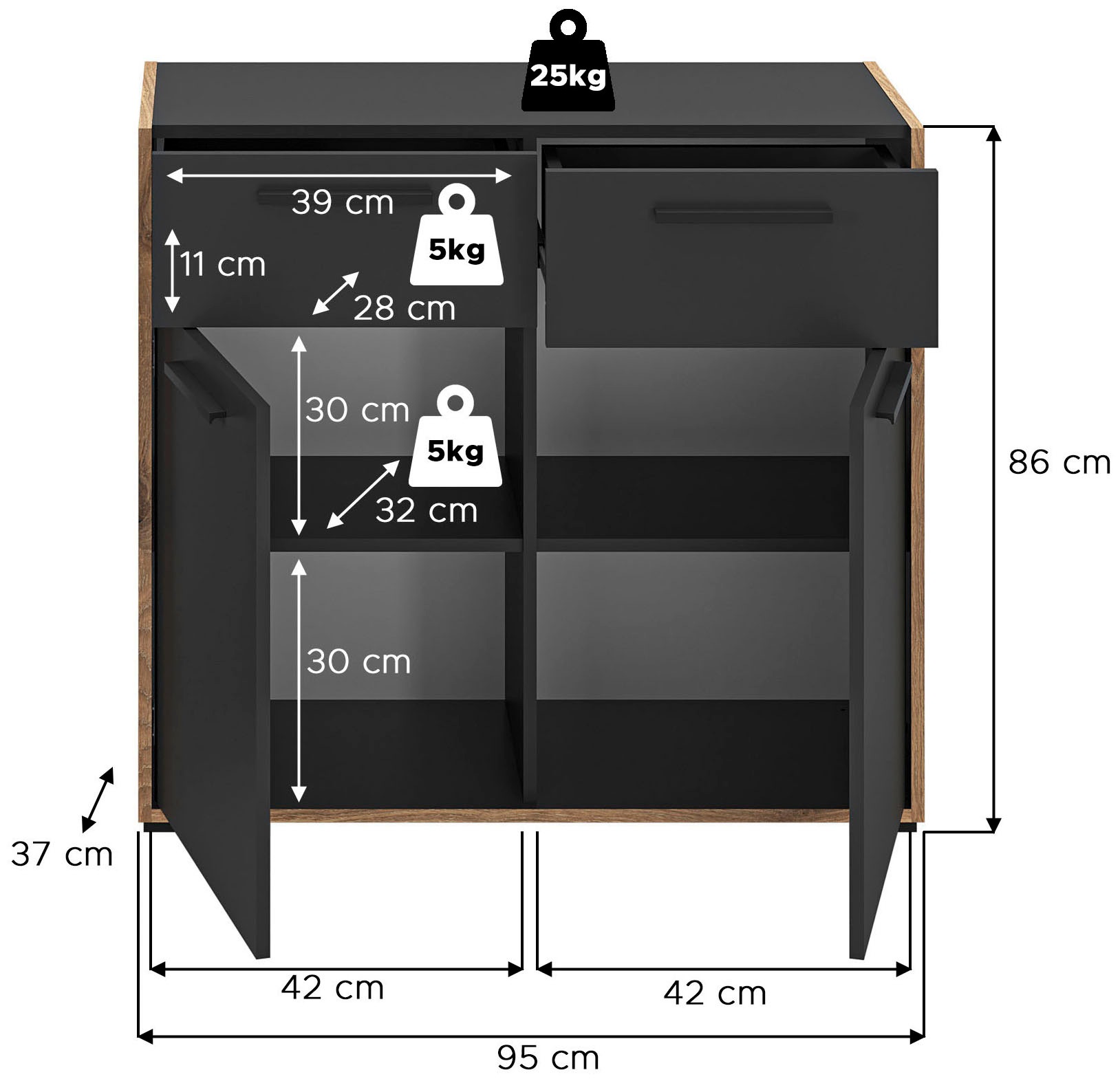 INOSIGN Kommode »MUSTA, Breite: 95cm, 2 Schubkästen, 2 Türen, 4 Fächer«, Anrichte, Sideborad, Highboard, Schrank, Schuhkommode, Flurkommode