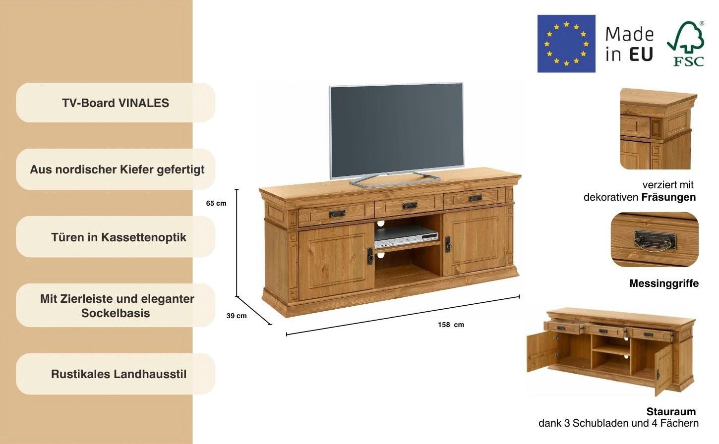 Home affaire TV-Board »Vinales«, Breite 158 cm, mit 3 Schubladen