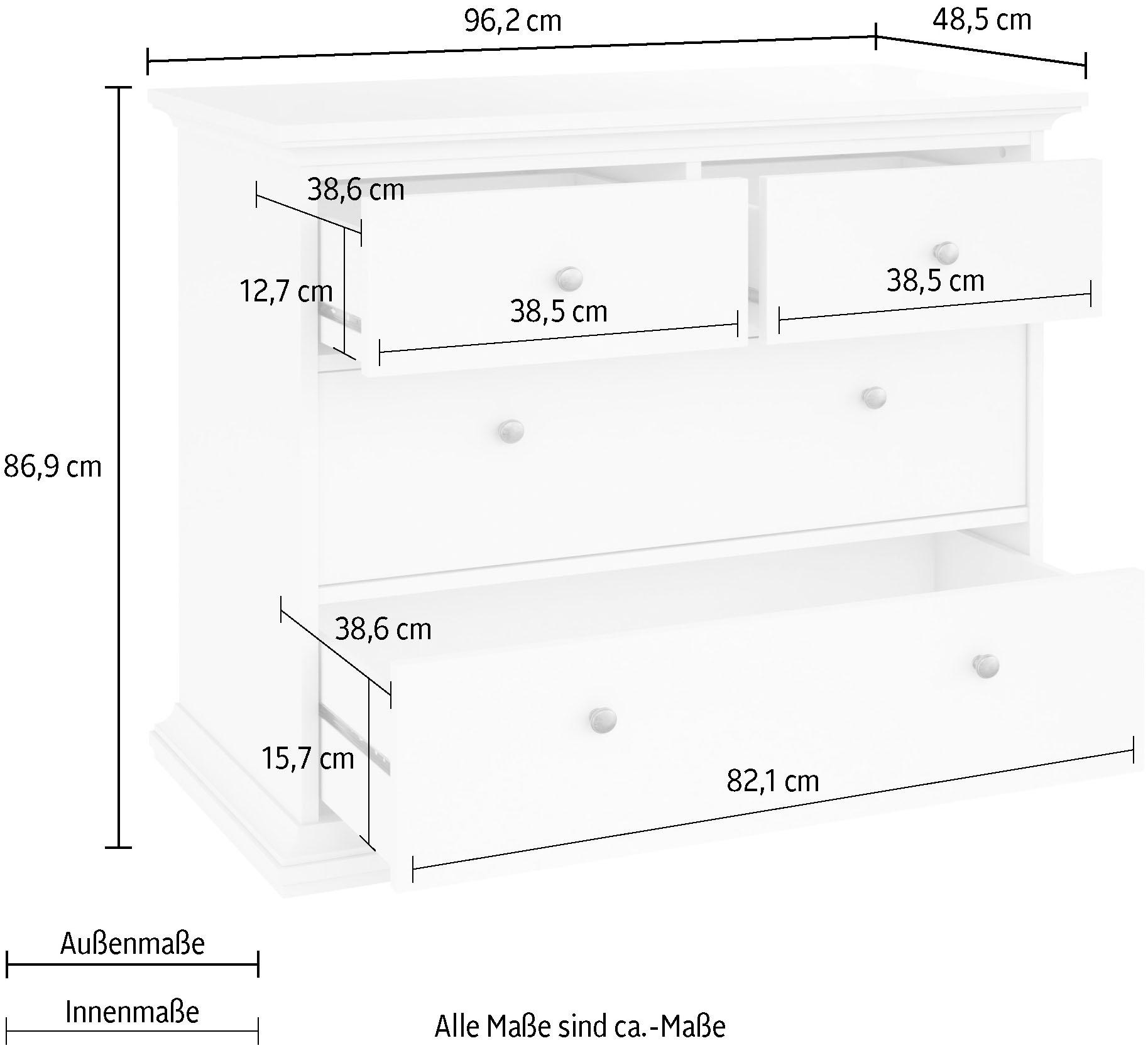 Home affaire Kommode »Paris«, mit vier Schubladen, im romantischen Landhaus-Stil, Breite 96,2 cm