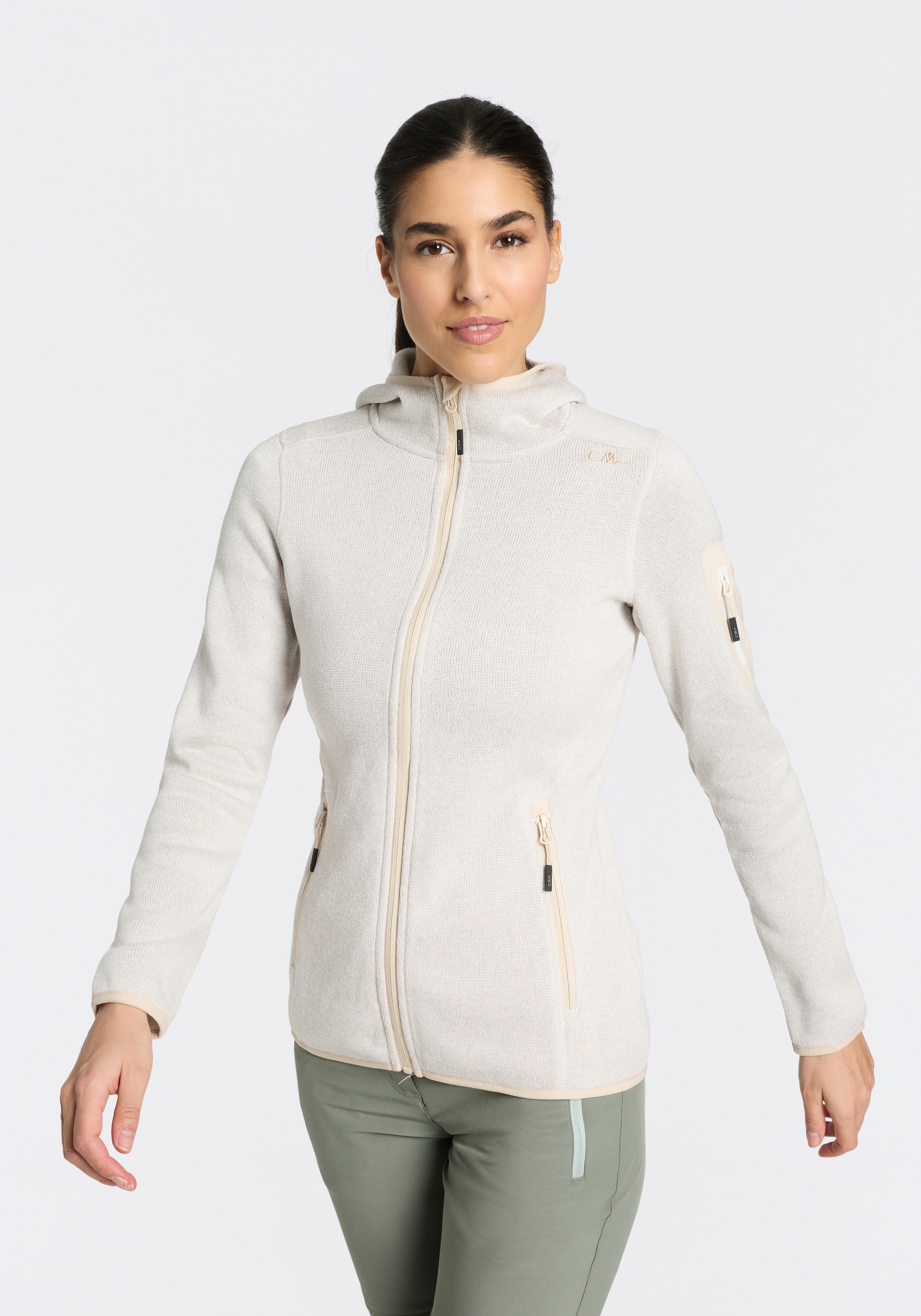 CMP Strickfleecejacke "KNITTED MELANGE HOODY WOMAN HOODY JACKET" mit Kapuze mit Reißverschlusstaschen, atmungsaktiv, schnell trocknend