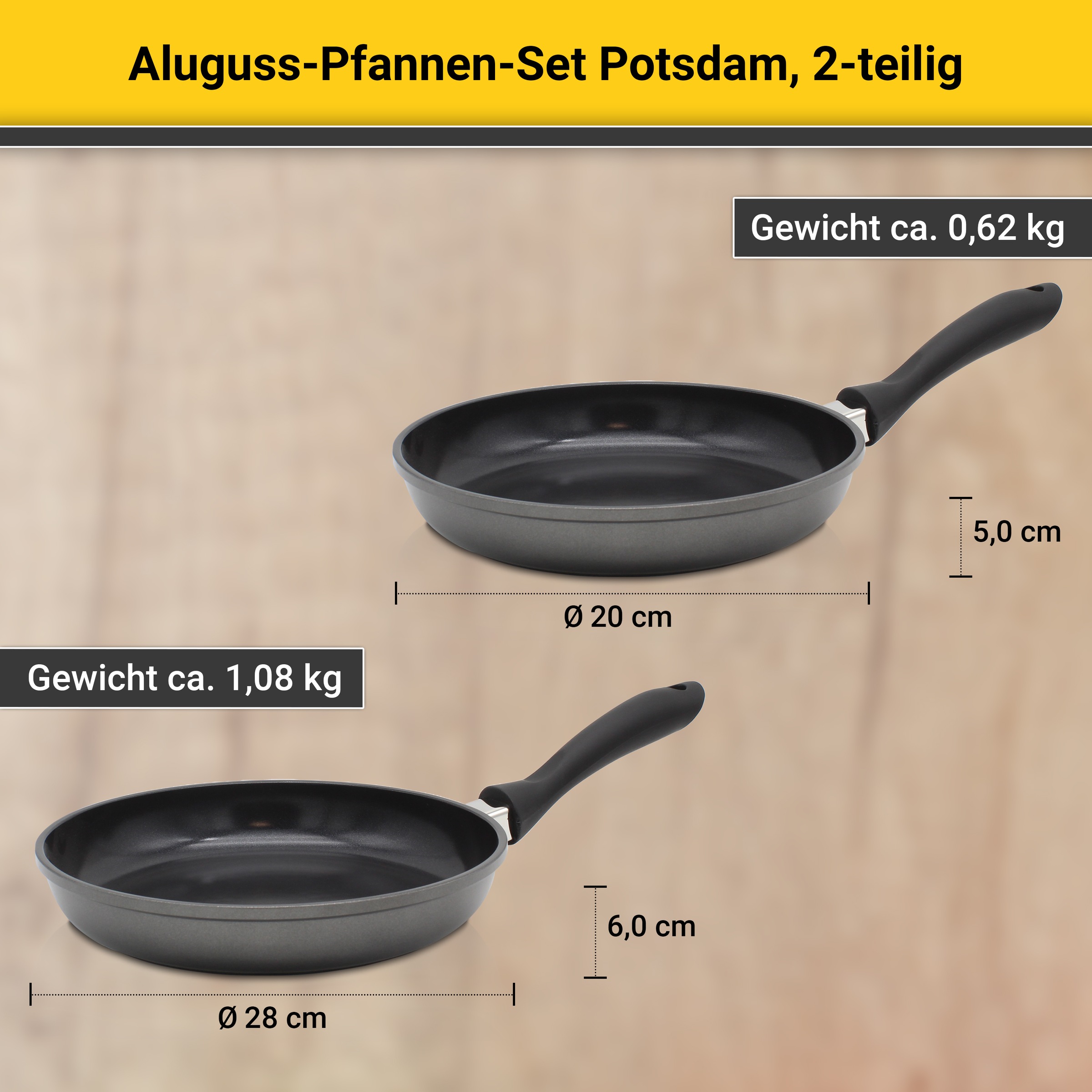 Krüger Pfannen-Set »Aluguss Pfannenset Potsdam, 2 tlg.«, Aluminiumguss, (Set, 2 tlg., 1x Bratpfanne Ø 20 cm, 1x Bratpfanne Ø 28 cm), für Induktions-Kochfelder geeignet