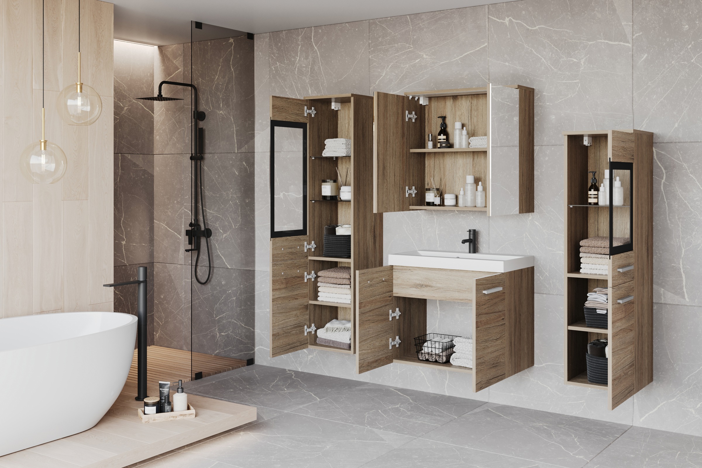 welltime Badmöbel-Set »MADRIT II, Schrank mit Waschbecken, 2 Hänger, Spiegelschrank«, (Komplett-Set, 5 St.), Hängende Badmöbel mit Glaseinsätzen – in vielen Farben erhältlich