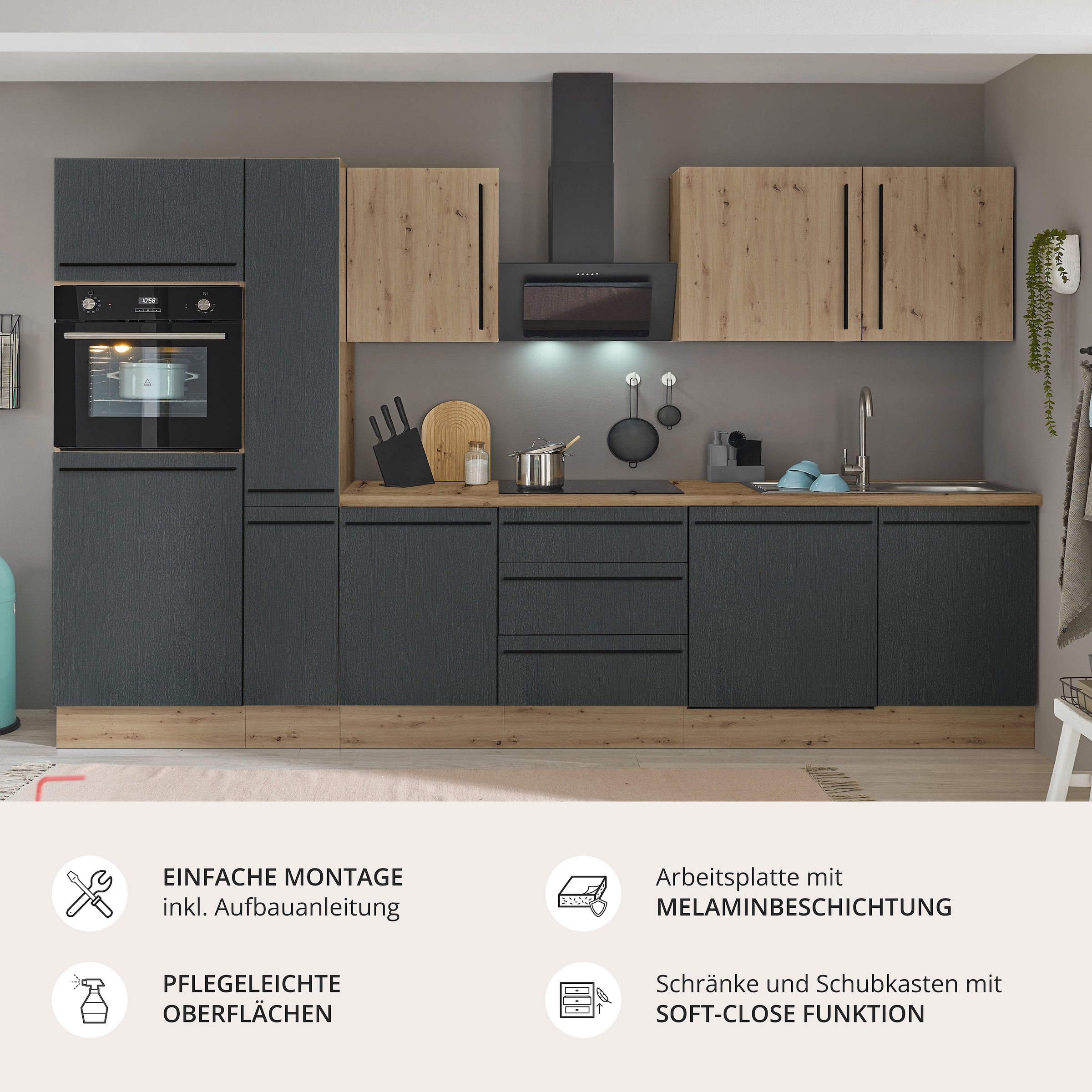 KOCHSTATION Küchenzeile »Florida« Breite 310 cm, wahlweise mit E-Geräten,Softclose für Türen/Schubkästen