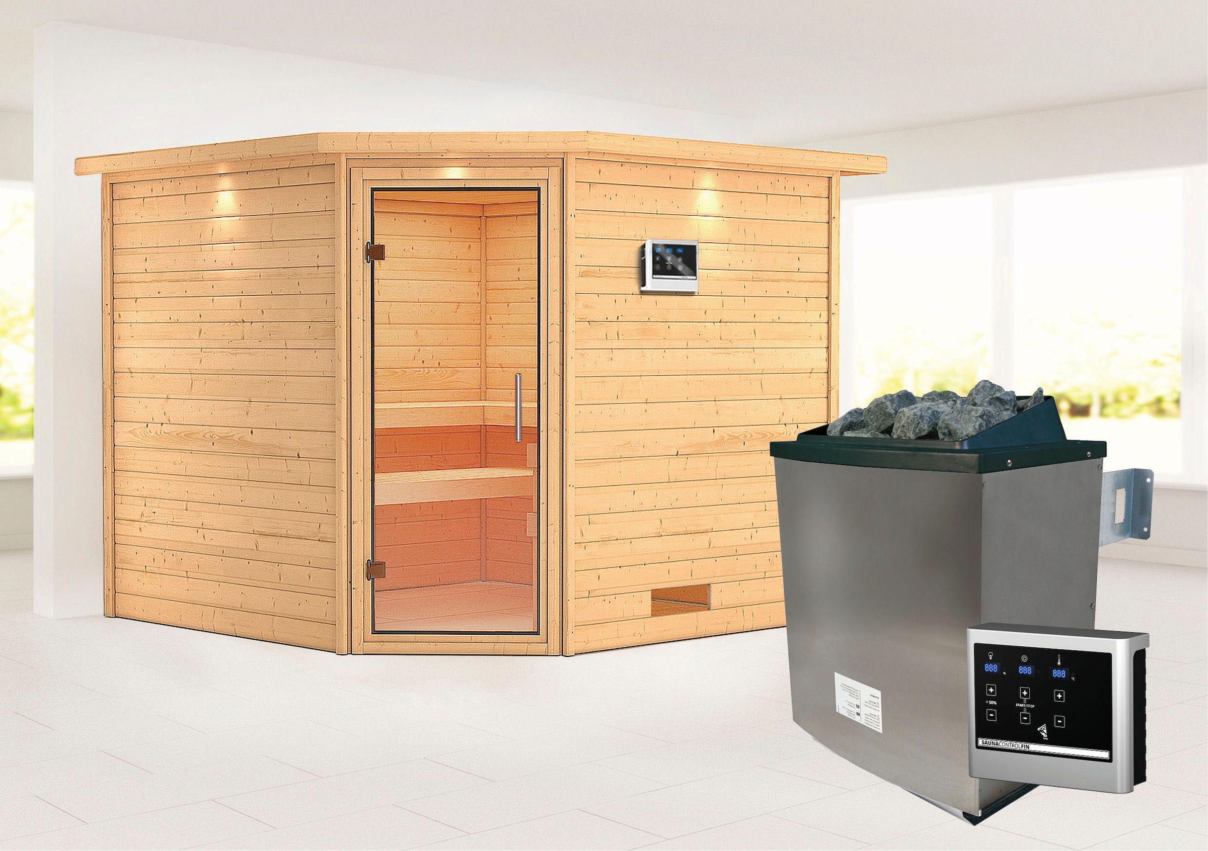 Karibu Sauna ""Leona" mit Klarglastür und Kranz Ofen 9 KW externe Strg modern", aus hochwertiger nordischer Fichte