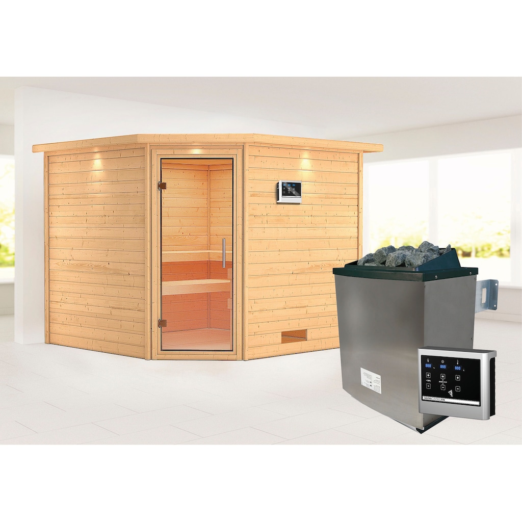 Karibu Sauna »"Leona" mit Klarglastür und Kranz Ofen 9 KW externe Strg modern«, aus hochwertiger nordischer Fichte