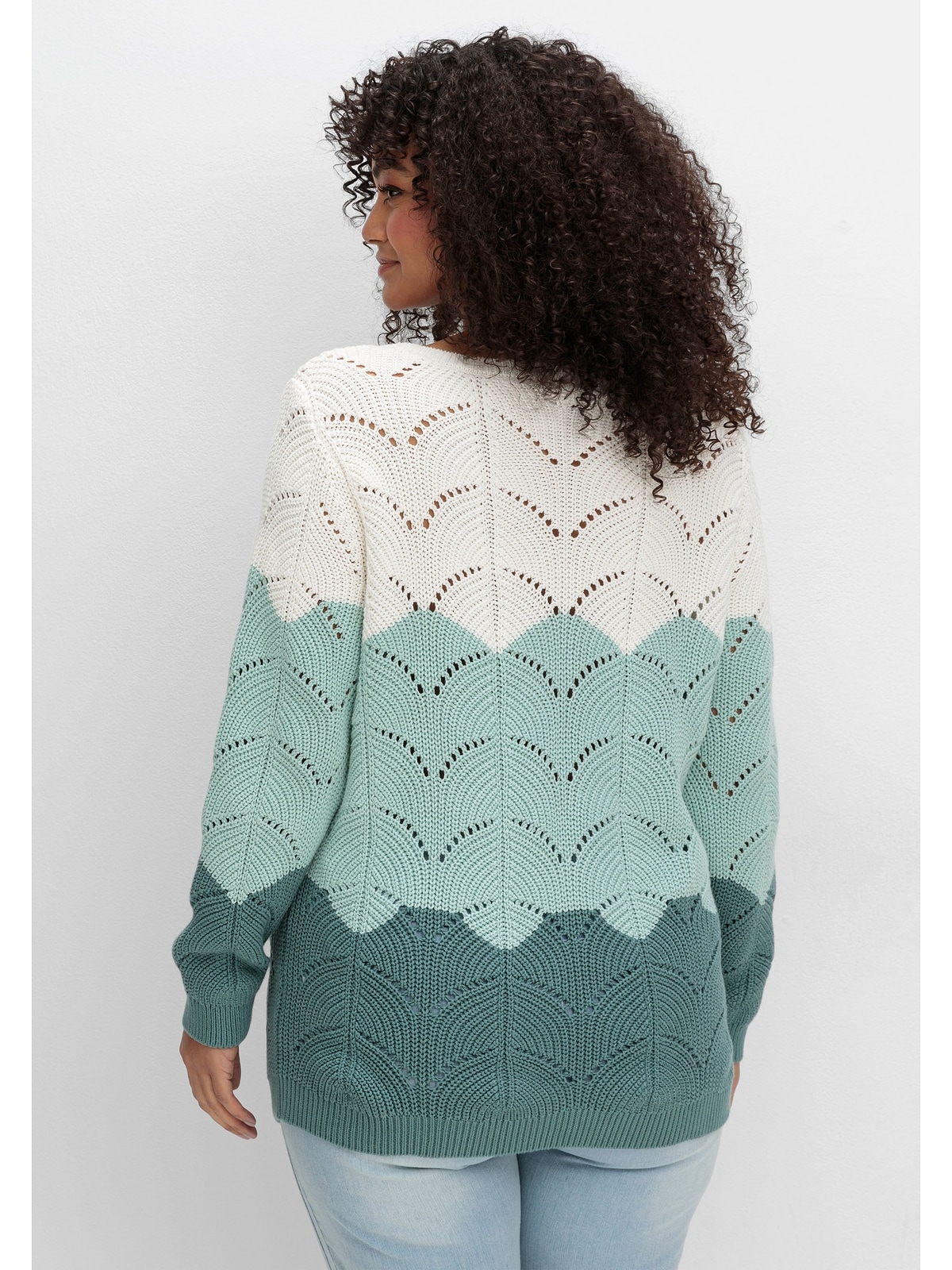 Sheego Rundhalspullover »Große Größen«, im Ajourstrick, mit Colourblocking