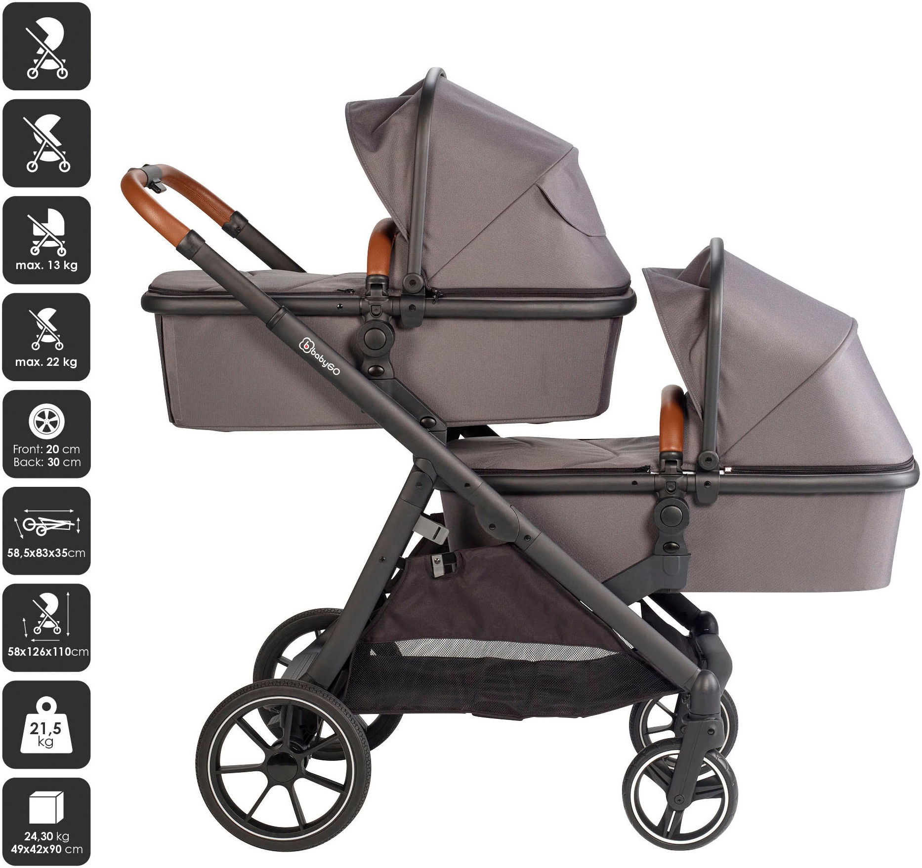 BabyGo Zwillingswagen »Duo«, inklusive Babywannen, Babyschalen, Regebezüge & Wickeltasche