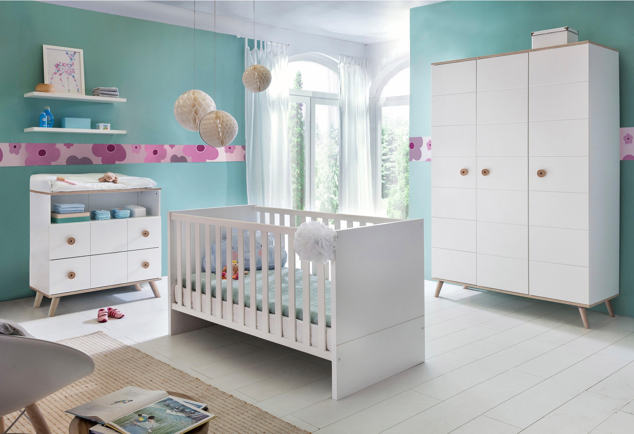 Babyzimmer-Komplettset »Cannes«, (Set, 3 St.), Bett + Wickelkommode + 3 trg. Schrank