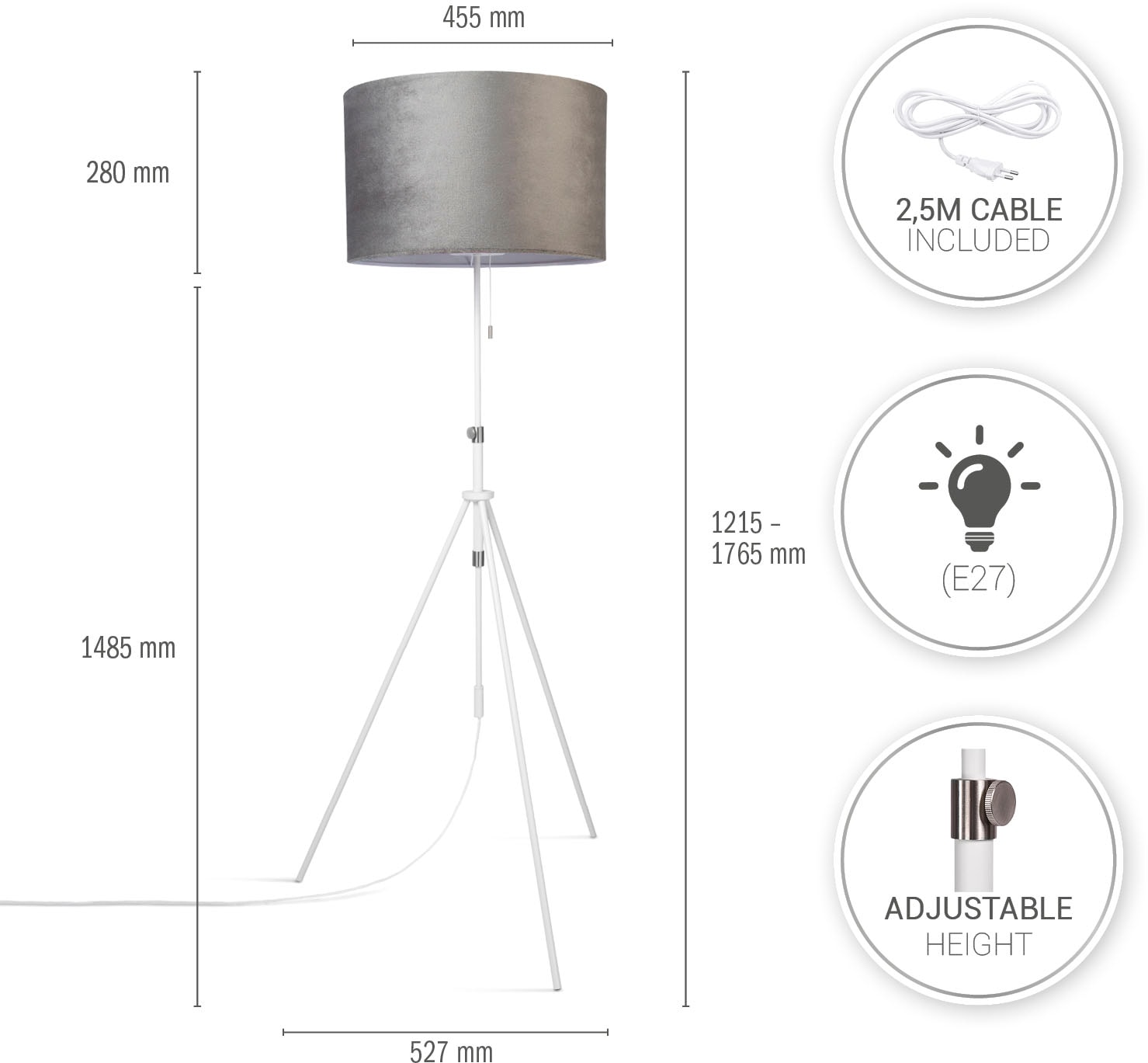 Paco Home Stehlampe bis Wohnzimmer Color«, | Höhenverstellbar BAUR 121,5 Velour Zugschalter 176,5 cm »Naomi uni