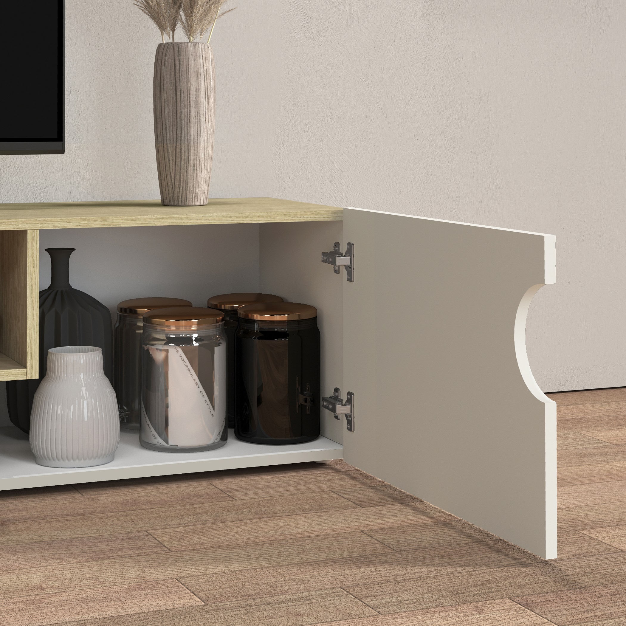 INOSIGN Lowboard »REAL TV-Möbel, 240 cm breit, 40/60 cm hoch, Hochglanz oder matt« mit 2 abgerundeten Türen, 1 Klappe, die ein ovales offenes Fach bilden