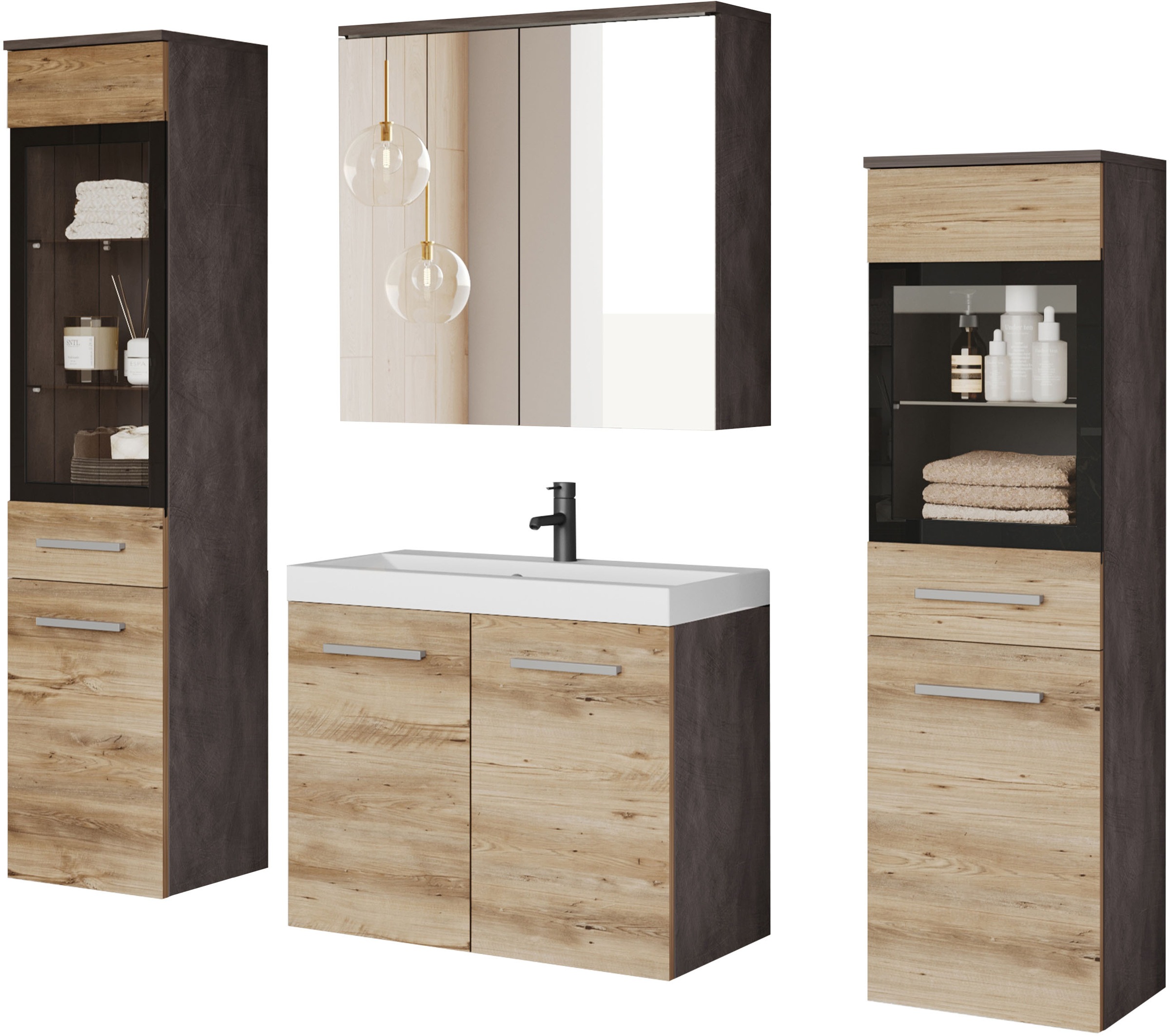 welltime Badmöbel-Set "MADRIT II, Schrank mit Waschbecken, 2 Hänger, Spiege günstig online kaufen