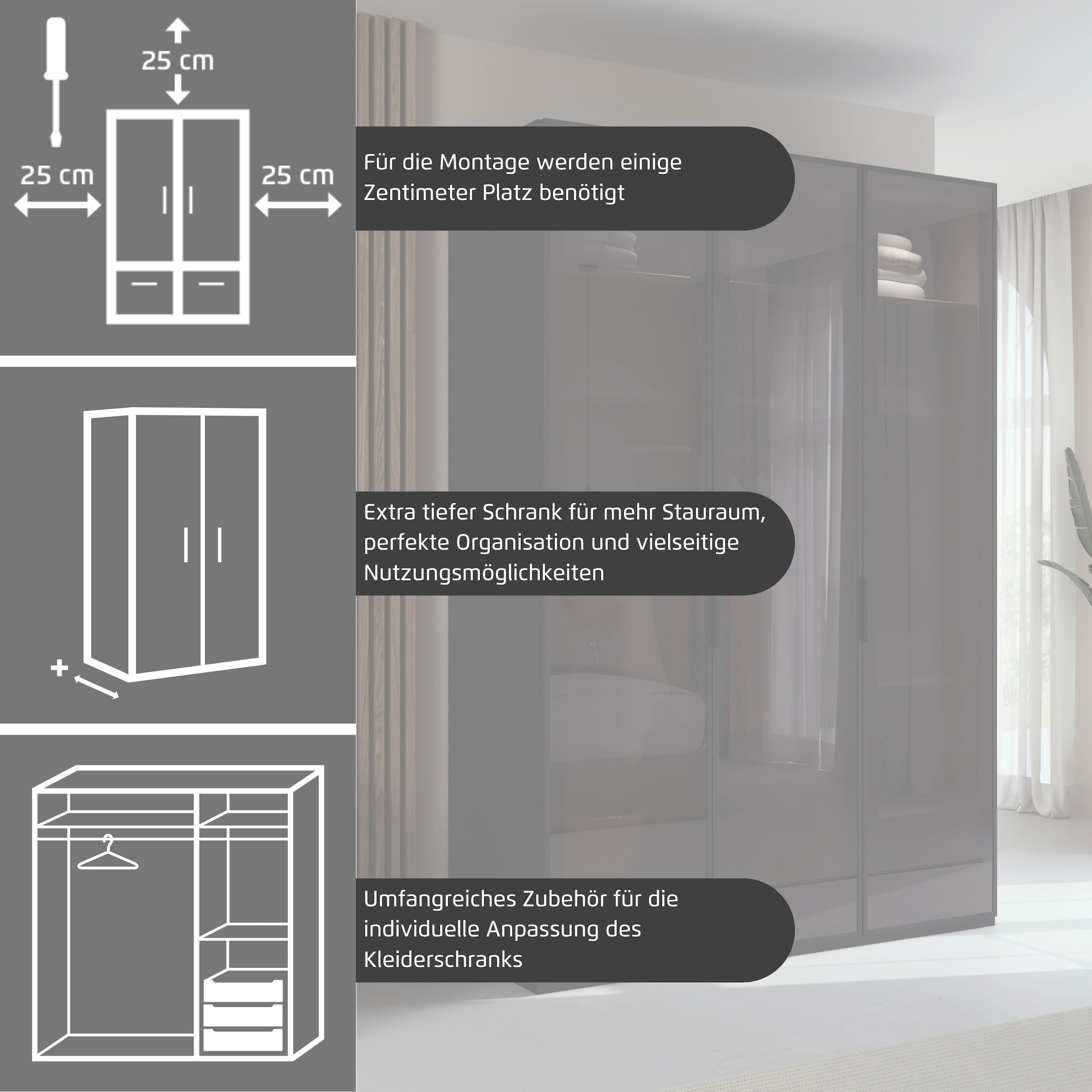 rauch Drehtürenschrank »Schrank Garderobe SKAT SHINE Breiten 151/201/251/301cm, Höhe 223/235cm« 3 verschiedene Ausstattungen BASIC/CLASSIC/PREMIUM (inkl. SOFT-CLOSE),  edle Schrankfront mittig hochwertige Glasrahmentüren MADE IN GERMANY
