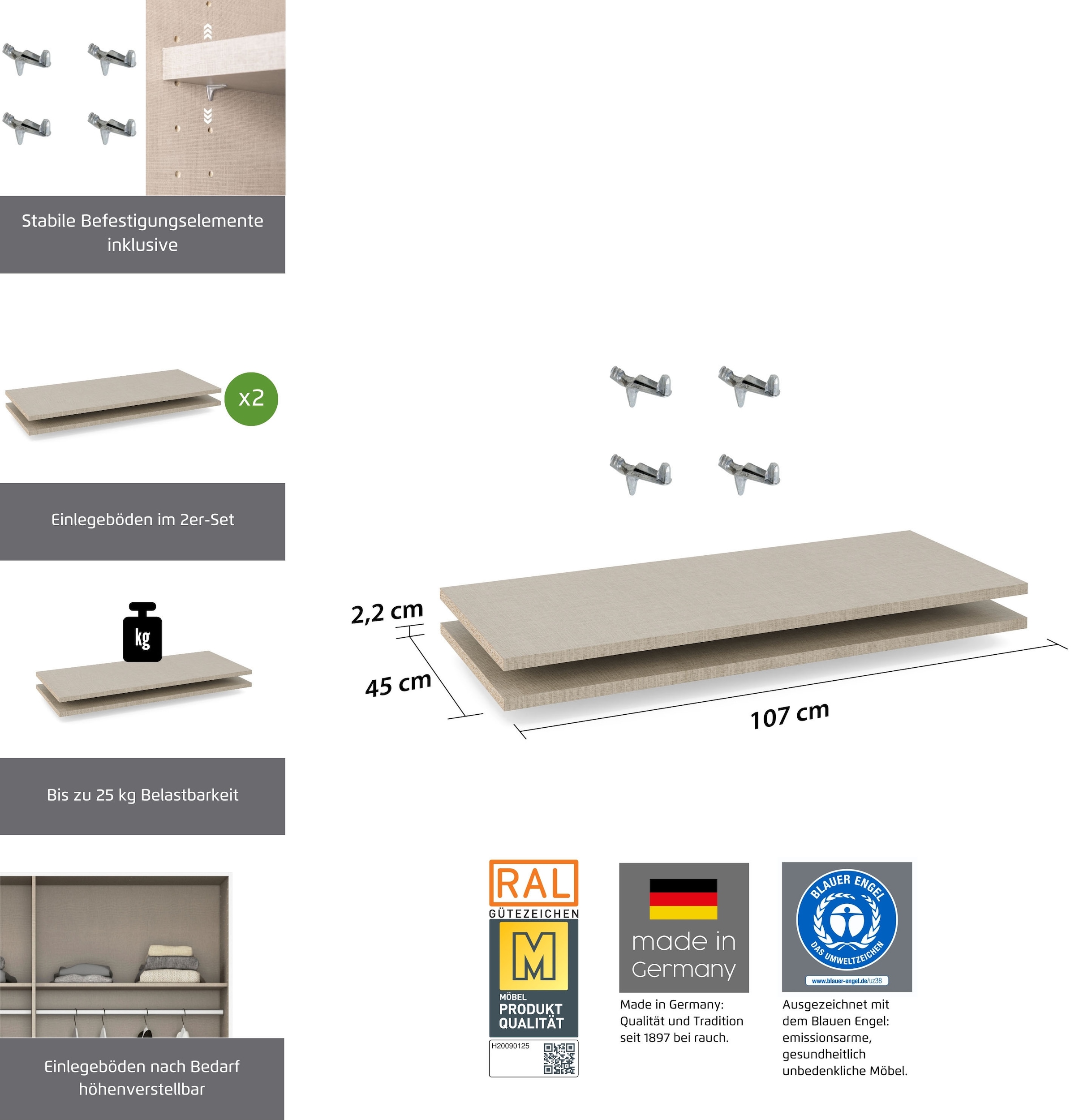 rauch Einlegeboden »Zubehör für Rauch-Schwebetürenschränke BLUE« 2er-Set Breite 107 cm, Tiefe 45 cm